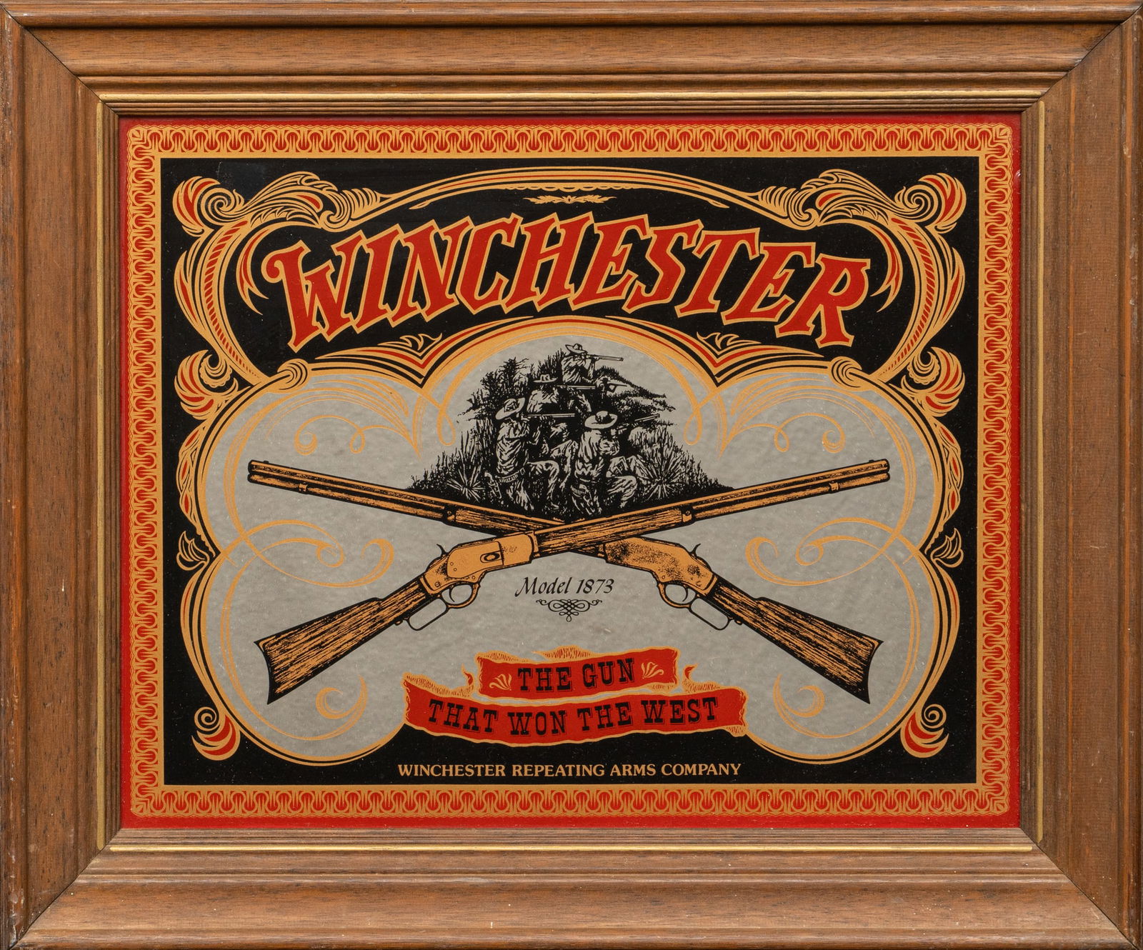 Winchester Mirror Sign: Vintage Winchester Repeating Arms Company mirrored bar sign in wooden frameheight 20.5 in. x width 24.5 in. x depth 1.5 in.