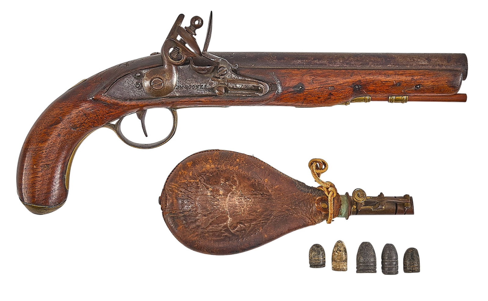 Antique J&G Jones 56 Cal. Flintlock Pistol W/ Powder Bag: Manufacturer: J&G Jones-London Model: Flintlock pistol Caliber: 56 cal. Barrel Length: 7.5 in. OAL: 13.5 in. Condition: Fair-antique condition; significant wear, patina & rust throughout;