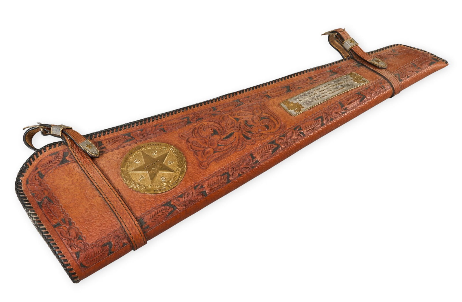 Custom "Lone Wolf Gonzaullas" Texas Ranger Rifle Scabbard: Custom made, tooled leather rifle scabbard for Texas Ranger "Lone Wolf Gonzaullas" (Manuel T. Gonzaullas) tooled leather, detailed with floral design and black background,