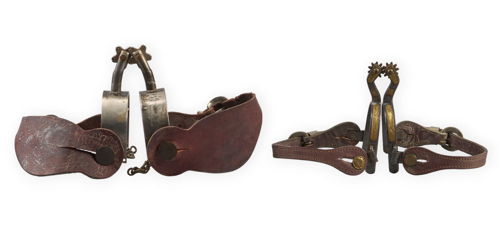 (2) Pairs of Cowboy Spurs: Two pairs of cowboy spurs with leather heal strapspur length 5.75 in. / largest heel width 3.25 in. / largest rowel diameter 1.25 in. / largestProvenance: Property from a San Antonio,