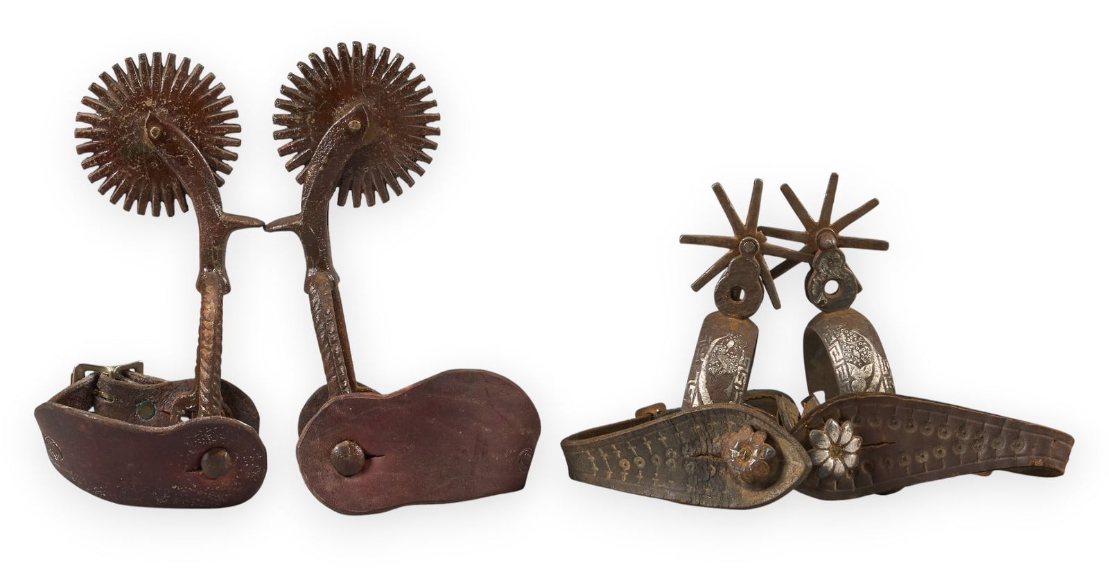 (2) Pairs of Cowboy Spurs: Two pairs of cowboy spurs with leather heal strapspur length 7.5 in. / largest heel width 2.5 in. / largest rowel diameter 3 in. / largestProvenance: Property from a San