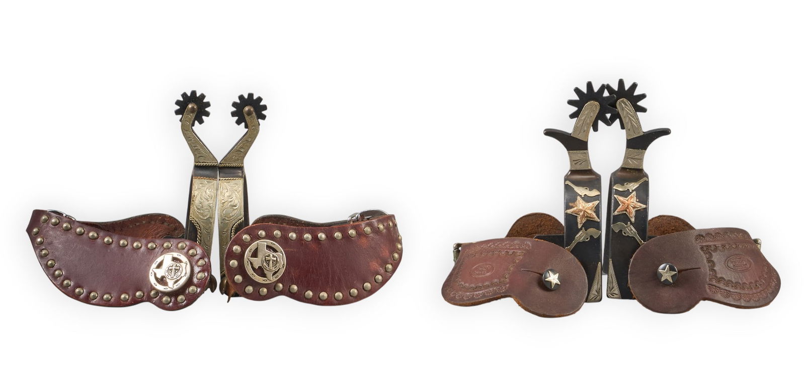 (2) Pairs of Contemporary Spurs: Two pairs of contemporary cowboy spurs with leather heel strapsspur length 6.5 in. / largest heel width 3.25 in. / largest rowel diameter 1.5 in. / largestProvenance: Property from a