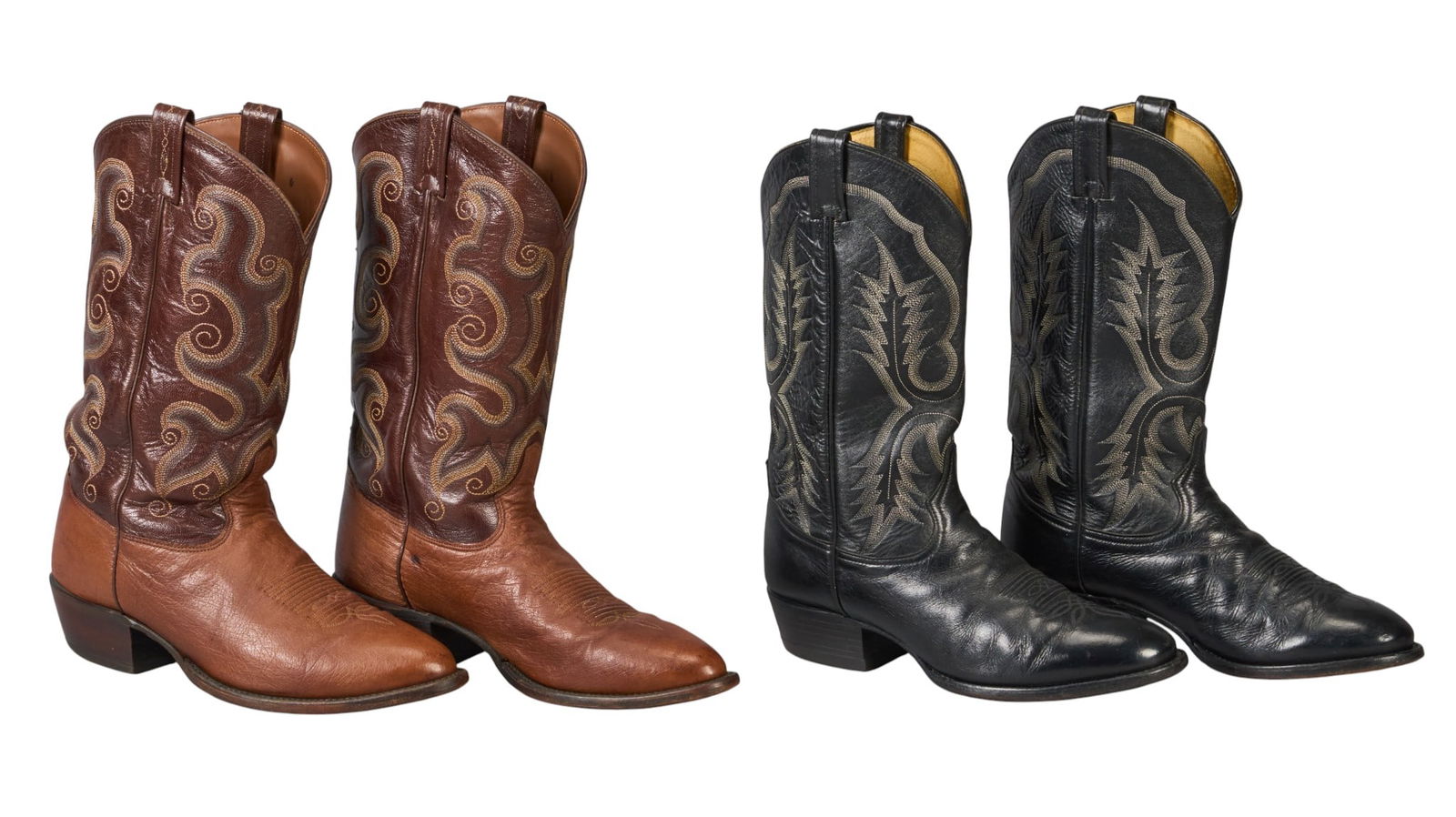 Two Pairs of Tony Lama Boots: Two pairs of Tony Lama leather cowboy boots, size 10D height 14 in. x width 4.5 in. x depth 12 in. / largest Provenance: Property from a home in San Antonio, Texas