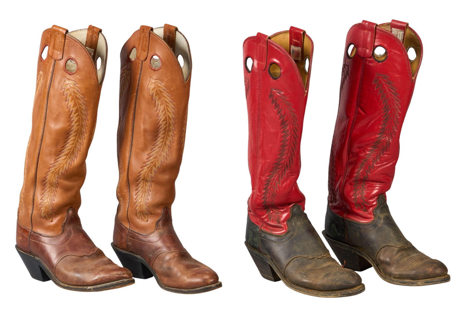 (2) Pairs of Olathe Boot Co. Cowboy Boots: Two pairs of Oathe Boot Co. cowboy boots. with one brown leather pair with decorative stitching, and one red leather pair with decorative stitching and black leather vampire, both pairs are