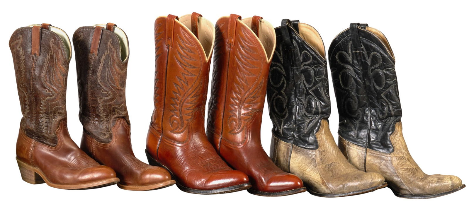 (3) Pairs of Cowboy Boots: Pair of Durango brown leather cowboy boots, size 9 1/2 D height 13.5 in. x width 4 in. x depth 11.5 in. Pair of Vaqueri Boots of dual-toned leather cowboy boots height 14.5 in. x width 4 i