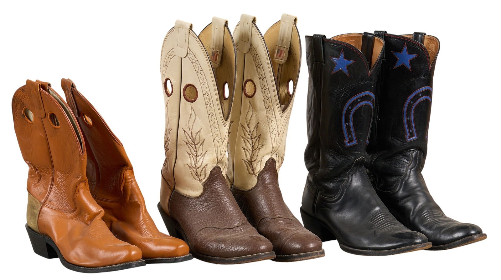 (3) Pairs of Leather Cowboy Boots: Three pairs of vintage cowboy boots, styles and colors vary, all size 10D height 18 in. x width 4.5 in. x 12 depth / largest Provenance: Property from a home in Azle, Texas