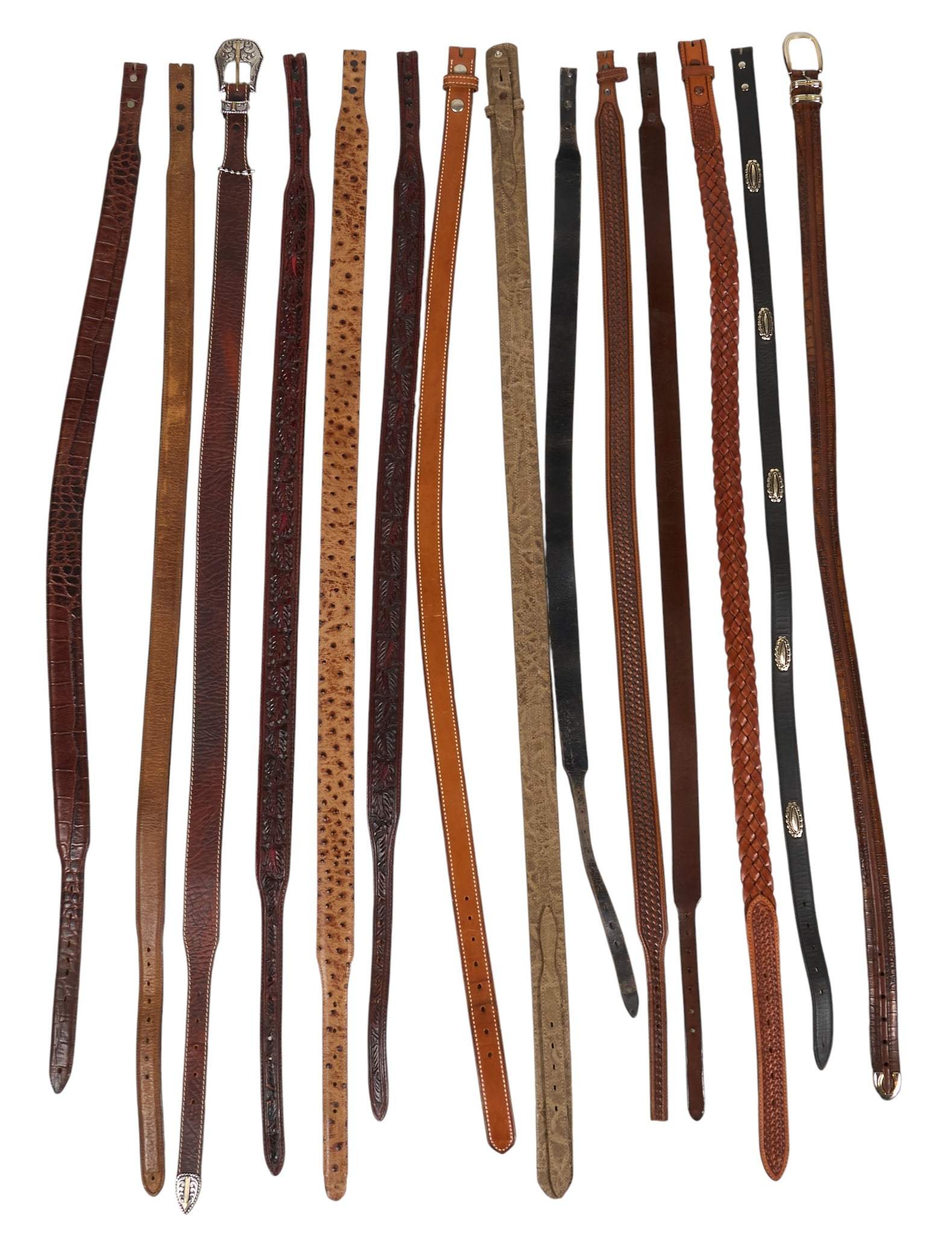 (14) Leather belts: Collection of fourteen Western leather belts in varying lengths, in shades of brown and black, with belts featuring decorative tooling and buckles length 47 in. x width 2 in. / longest 