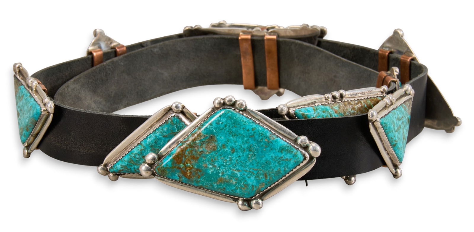 Modernist Sterling & Turquoise Concho Belt: Modernist style sterling silver concho belt featuring inlaid turquoise, with ten conchos on black leather belt, possibly by Roy Buck, buckle marked "R" and "Sterling" Length:
