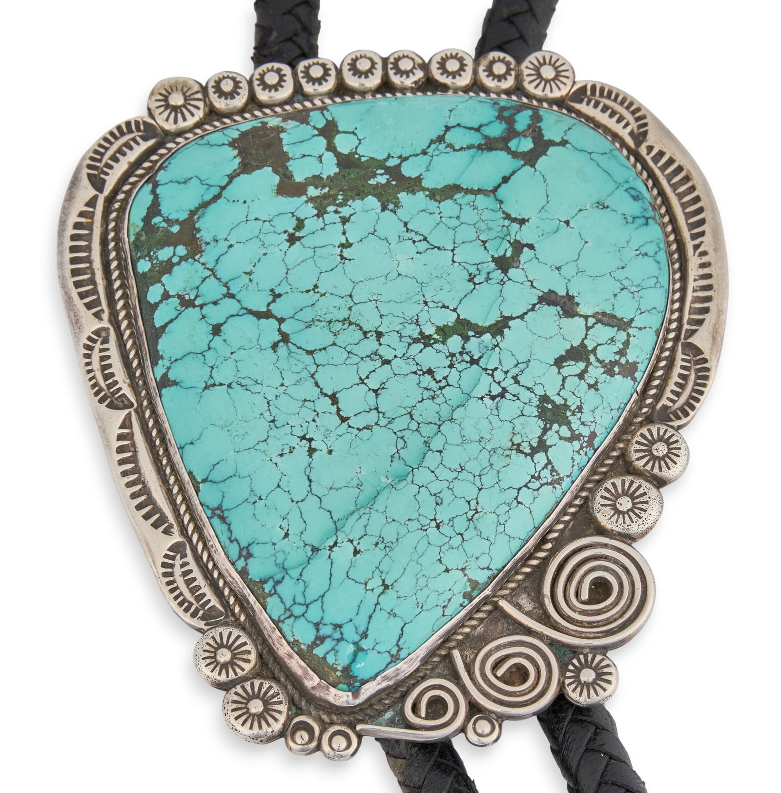 Albert Cleveland, Navajo Sterling & Turquoise Bolo Tie: Sterling silver bolo tie by Albert Cleveland, with large inlaid turquoise stone featuring twisted rope details, marked "AC" and "Sterling" Length: 52 in.Pendant: 3.75 in.