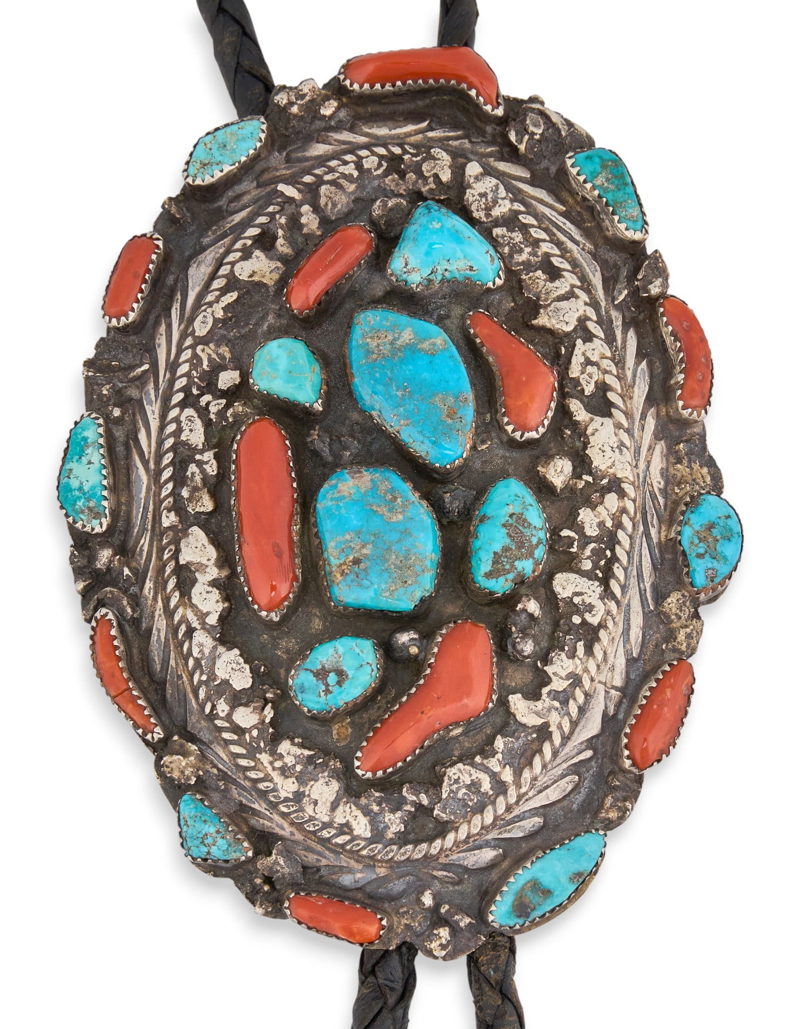 Substantial Turquoise & Coral Bolo Tie: Substantial sterling silver bolo tie. with inlaid turquoise and coral to pendant and aiguillettes, featuring twisted rope details, possibly by Henry Wilson, marked Length: 41 in.Pendant: 4 in. x
