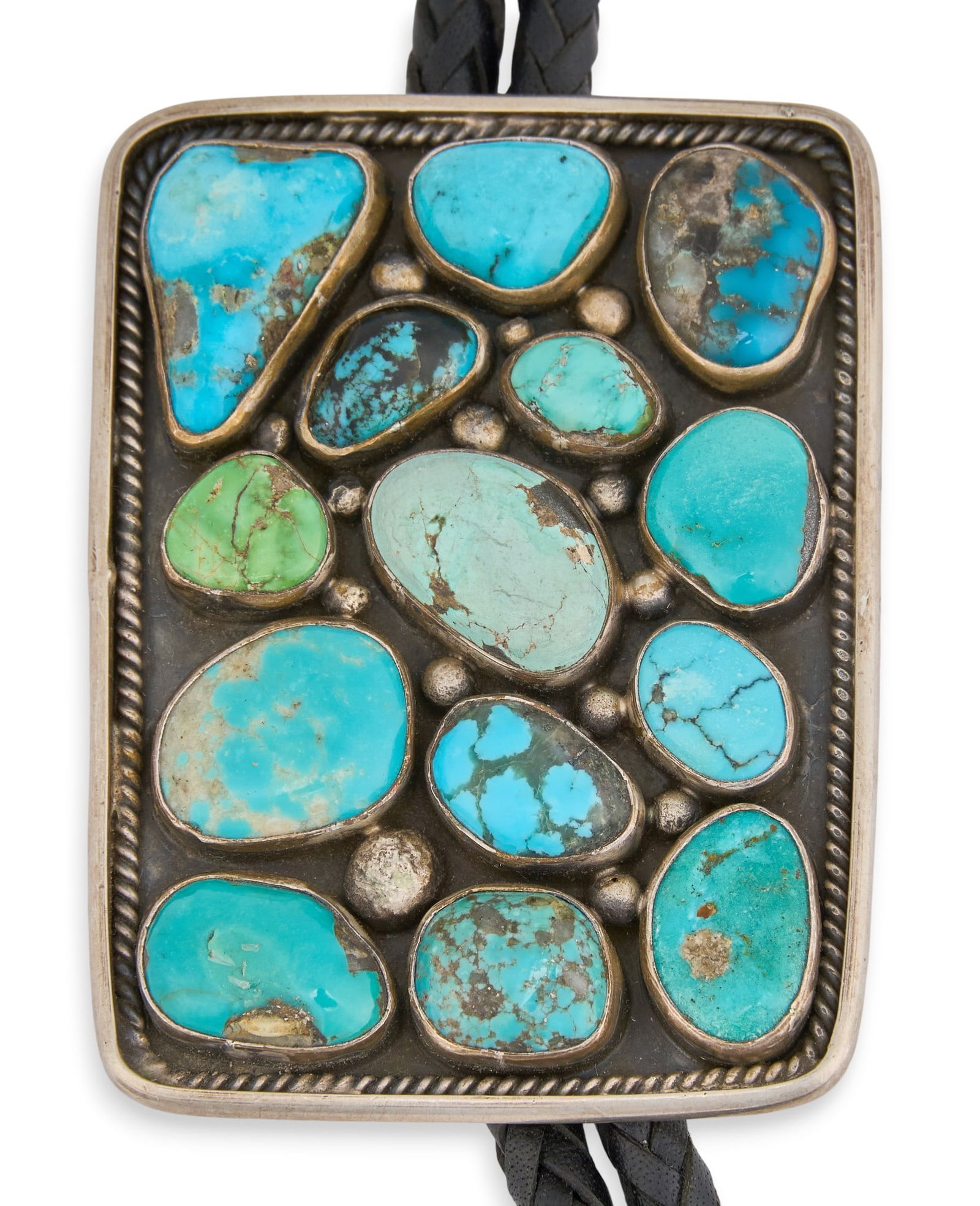 Navajo Turquoise Cluster Bolo Tie: Navajo sterling silver bolo tie by Mary Jane Garcia, with inlaid turquoise cluster design and twisted rope details, featuring turquoise inlay to aiguillettes, marked "MJ Garcia" and "St