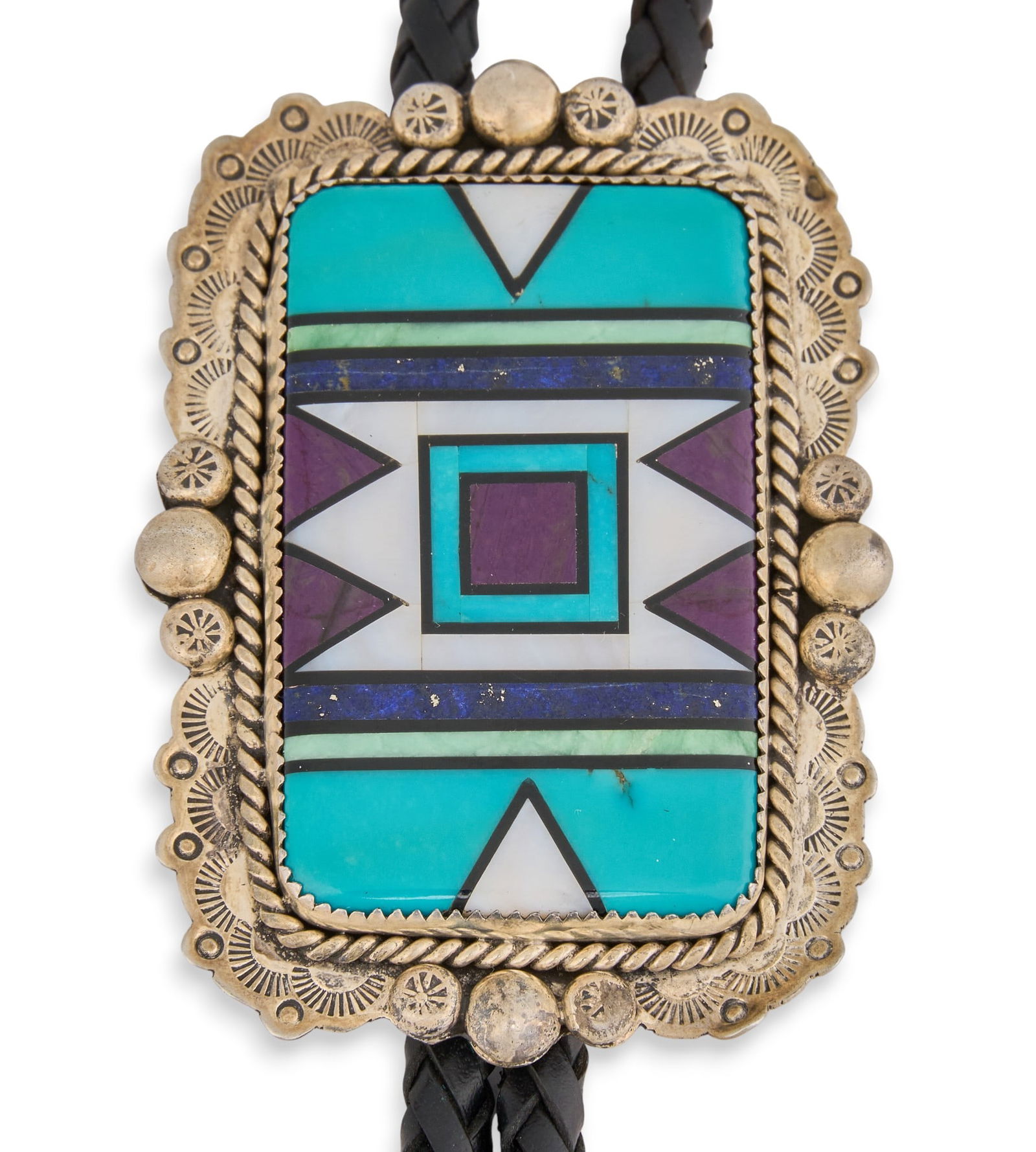 A.J. Platero, Navajo Sterling & Turquoise Bolo Tie: A.J. Platero bolo tie, with sterling silver pendant featuring multi-stone inlay, with twisted rope and floral details, on black braided leather rope, marked "A.J. Platero Navajo" and "S