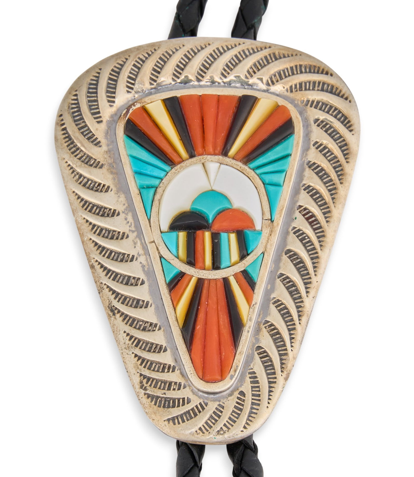 Zuni Multi-Stone Inlay Bolo Tie: Valentino and Matilda Banteah, Zuni sterling silver bolo tie with multi-stone inlay, on braided black leather cord, marked "VMB"