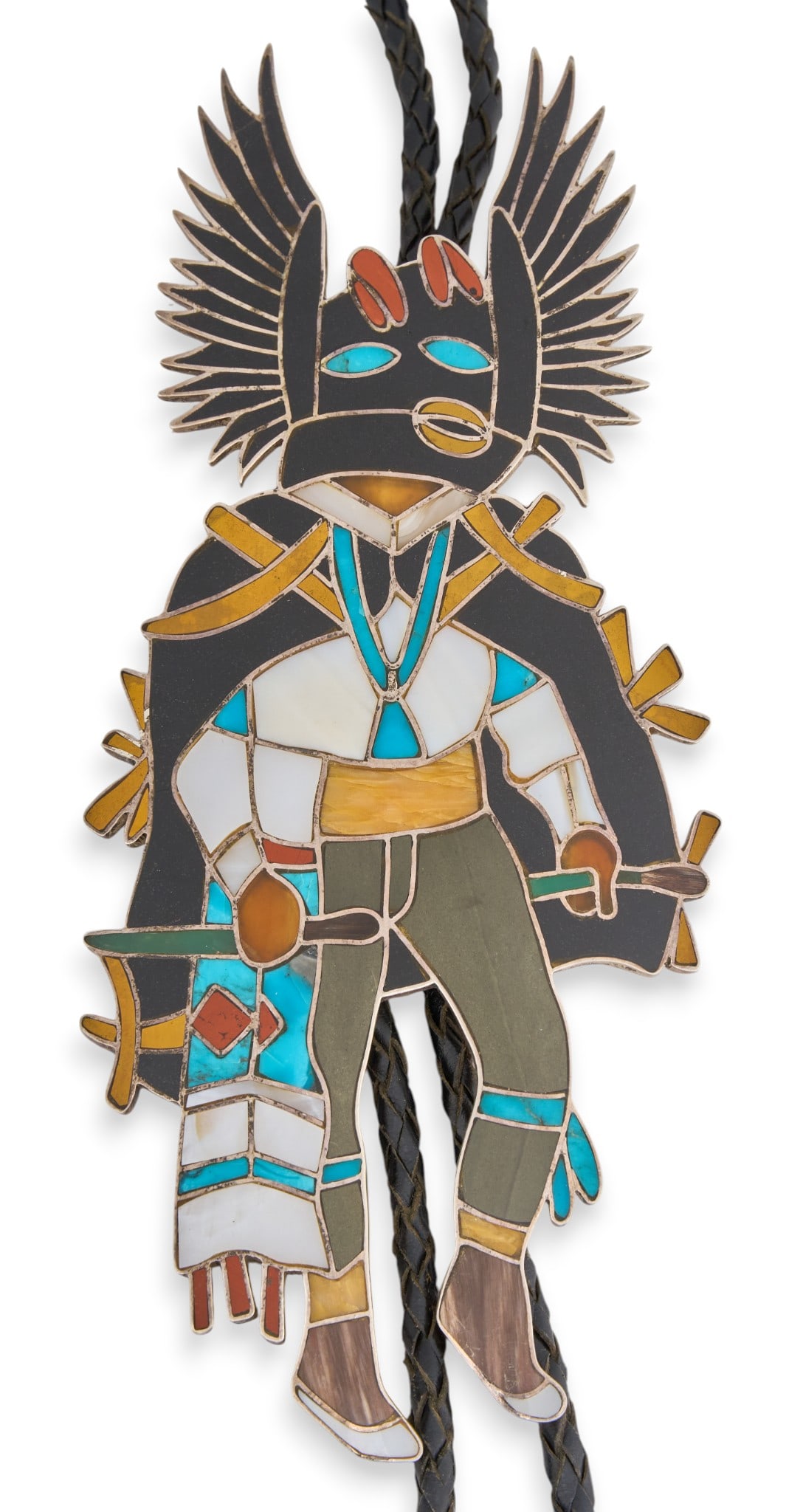 Stan Tims, Zuni Sterling & Multi-Stone Inlay Bolo Tie: Stanley E. Tims, Zuni sterling silver bolo tie depicting a kachina dancer, with multi-stone inlay to pendant, and onyx inlay to aiguilettes, on braided black leather cord, marked "STE&q