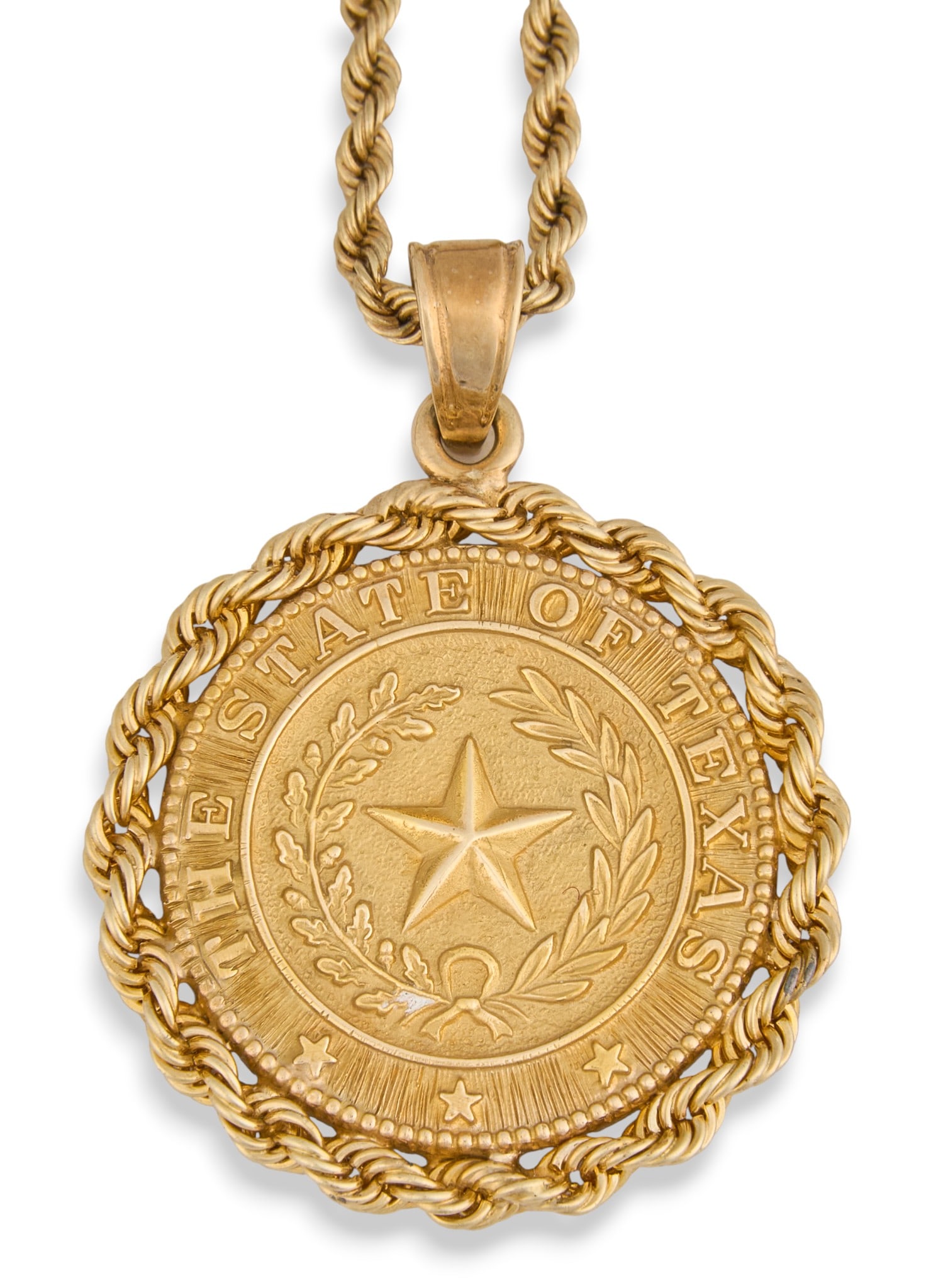 14K State of Texas Pendant Necklace: 14K yellow gold necklace with Texas State Seal pendant, with rope bezel, chain clasp and pendant marked "14K" Length: 18.5 in.Total weight: 13.6 g