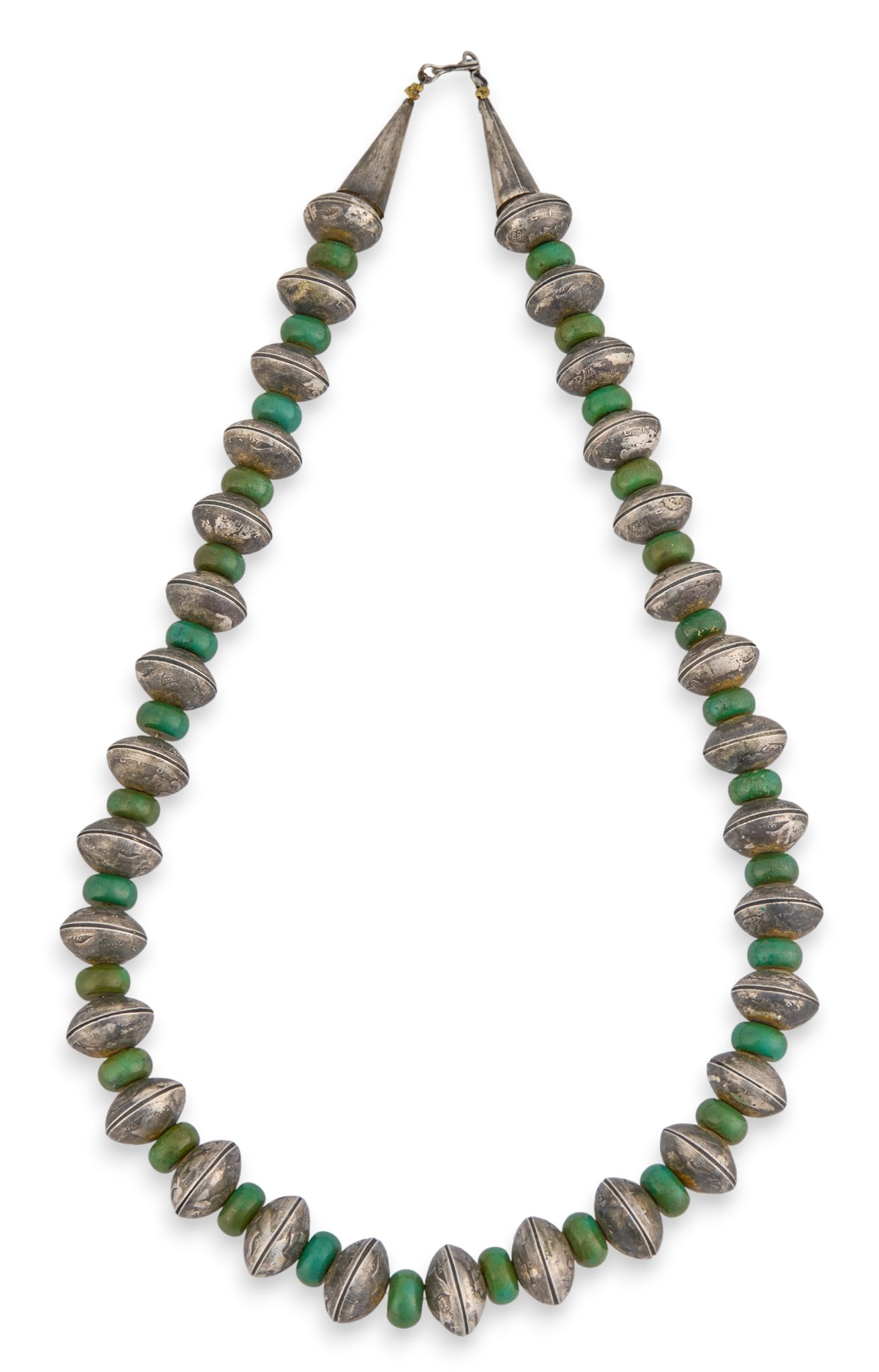 Navajo Mercury Dime & Aventurine Beaded Necklace: Navajo sterling silver beaded necklace, with alternating mercury dime and aventurine beads, marked "Sterling" Length: 23 in.Total weight: 5.84 ozt