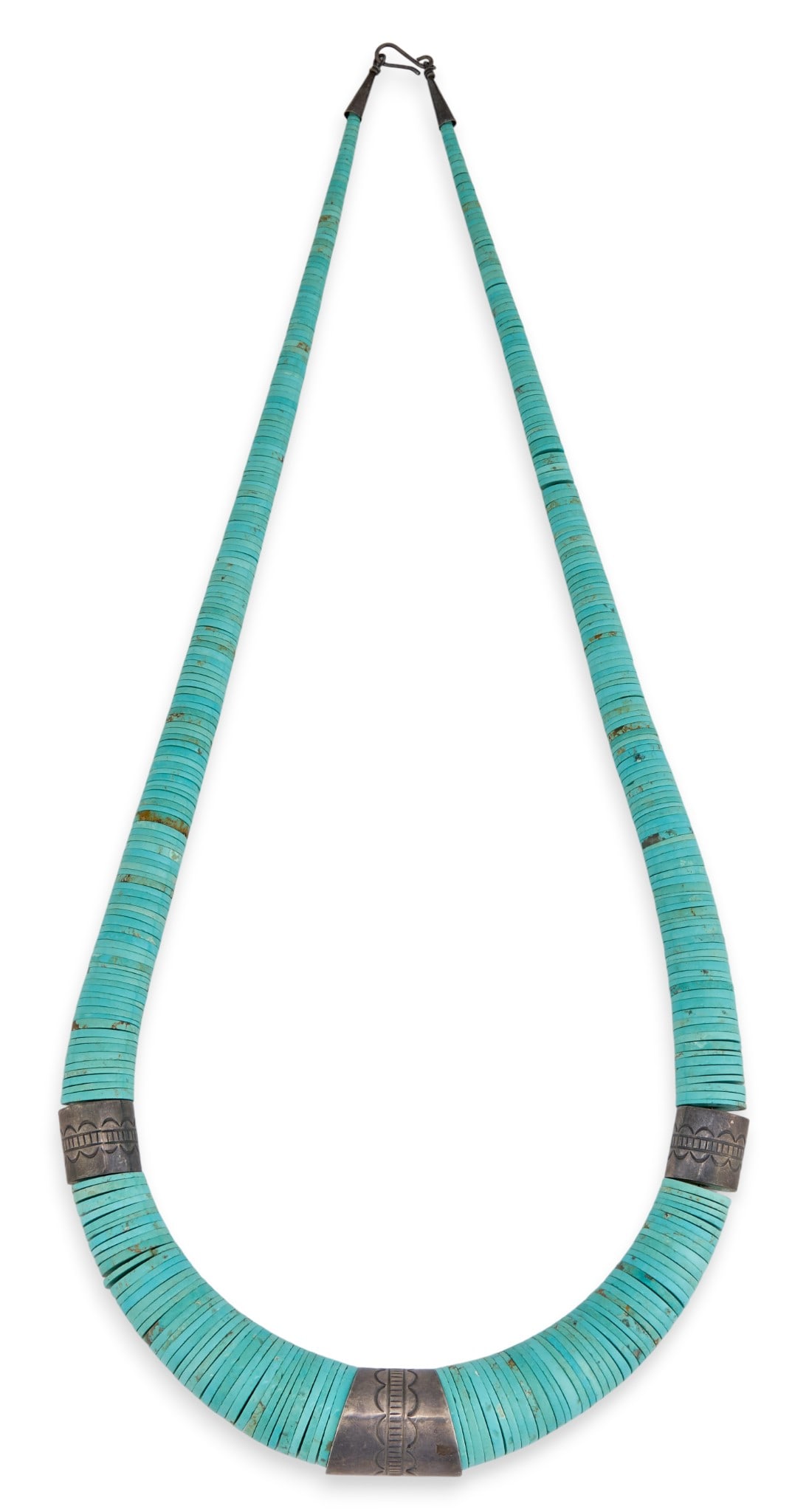 Native American Turquoise Heishi Necklace: Native American turquoise heishi necklace with flat beaded turquoise and silver-toned accents, with hook and eye closure Length: 25.5 in.