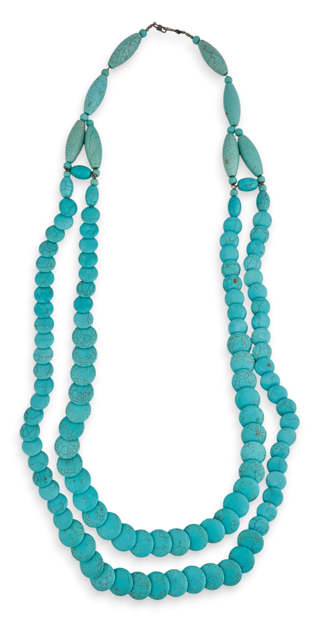 Flat-Beaded Turquoise Necklace: Double-strand beaded turquoise necklace, featuring flat circular turquoise beads, and hook and eye closure Length: 33.5 in. Provenance: Property from a San Antonio, Texas antiques collector