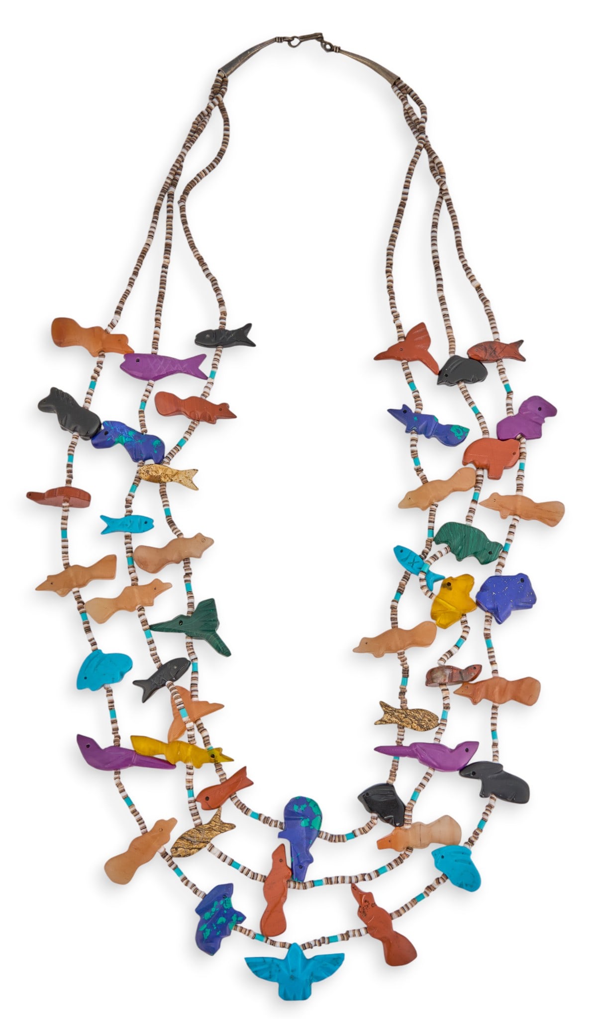 Zuni Beaded Fetish Necklace: Multi-stranded Zuni beaded fetish necklace, with multi-stone animal motif beads throughout and hook and eye closure Length: 26 in.