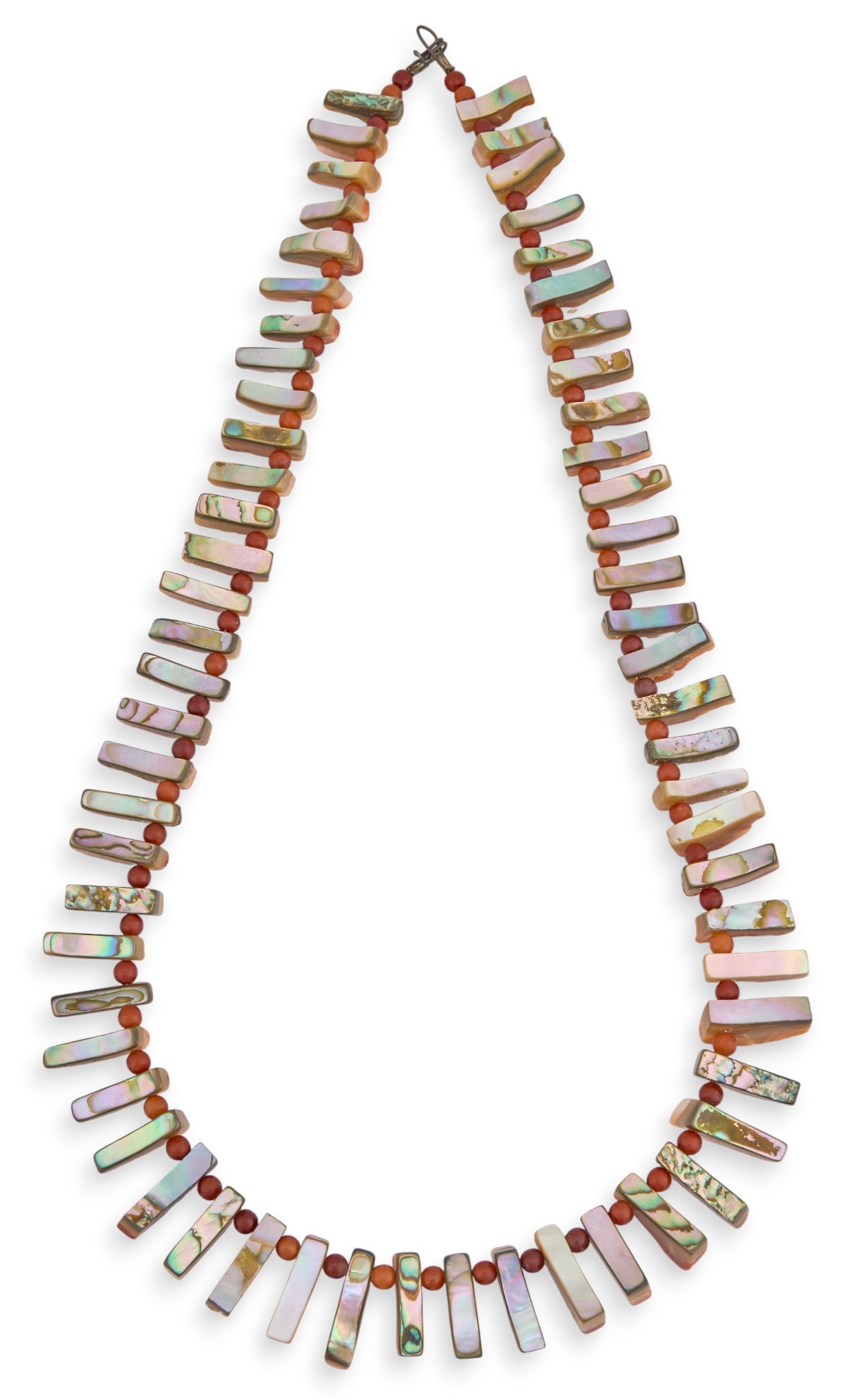 Southwestern Reversible Beaded Necklace: Southwestern reversible beaded necklace, featuring double-sided spiny oyster shell and abalone beads, with hook and eye closure Length: 24.25 in.