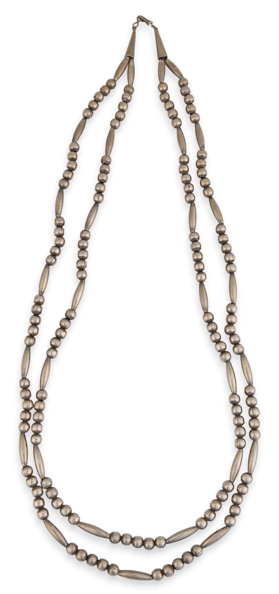 Native American Sterling Beaded Necklace: Native American sterling beaded necklace with two strands, hook and eye closure Length: 28 in.Total weight: 2.97 ozt Provenance: Property from a home in San Antonio, Texas