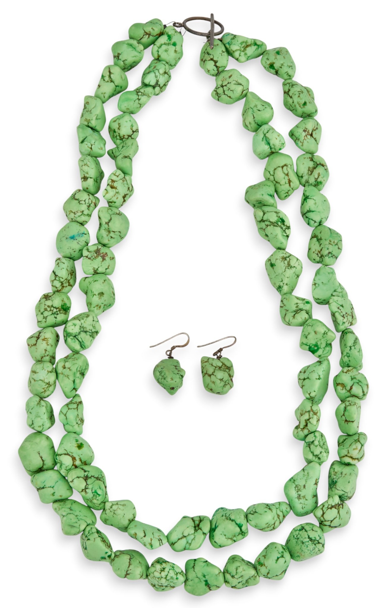 Gaspeite Nugget Necklace & Earrings: Gaspeite jewelry set to include beaded necklace with gaspeite nuggets, and matching earrings with sterling silver posts, earring posts marked "925" Length: 23 in.Total weight: 9.42