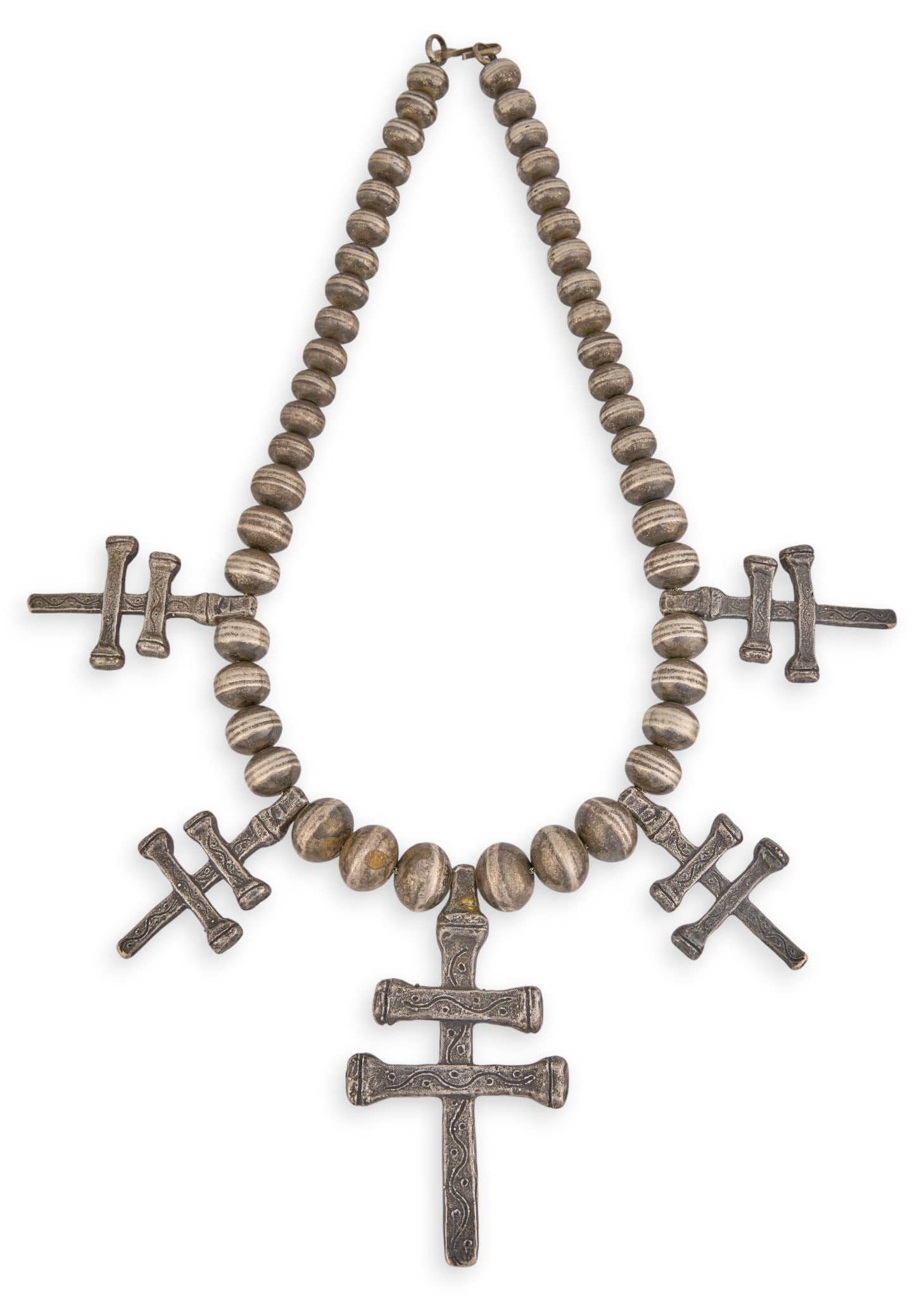 Navajo Jesuit Cross Necklace: Vintage Navajo sterling silver cross necklace, with five cross pendants on large silver beads, hook and eye closure, circa mid-20th century Length: 19.5 in.Total weight: 7.355 ozt