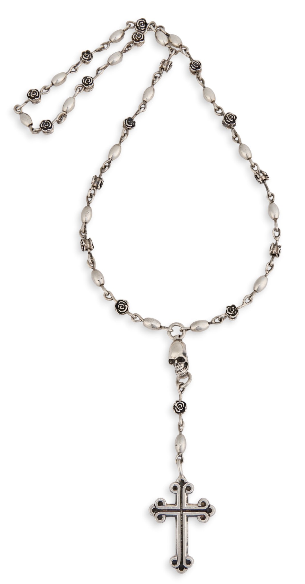 King Baby Sterling Silver Rosary: King Baby Studio sterling silver rosary, featuring rose and skull motifs throughout, with cross pendant, marked "King Baby 925" Length: 35 in.Total weight: 4.415 ozt Provenance: Property fro
