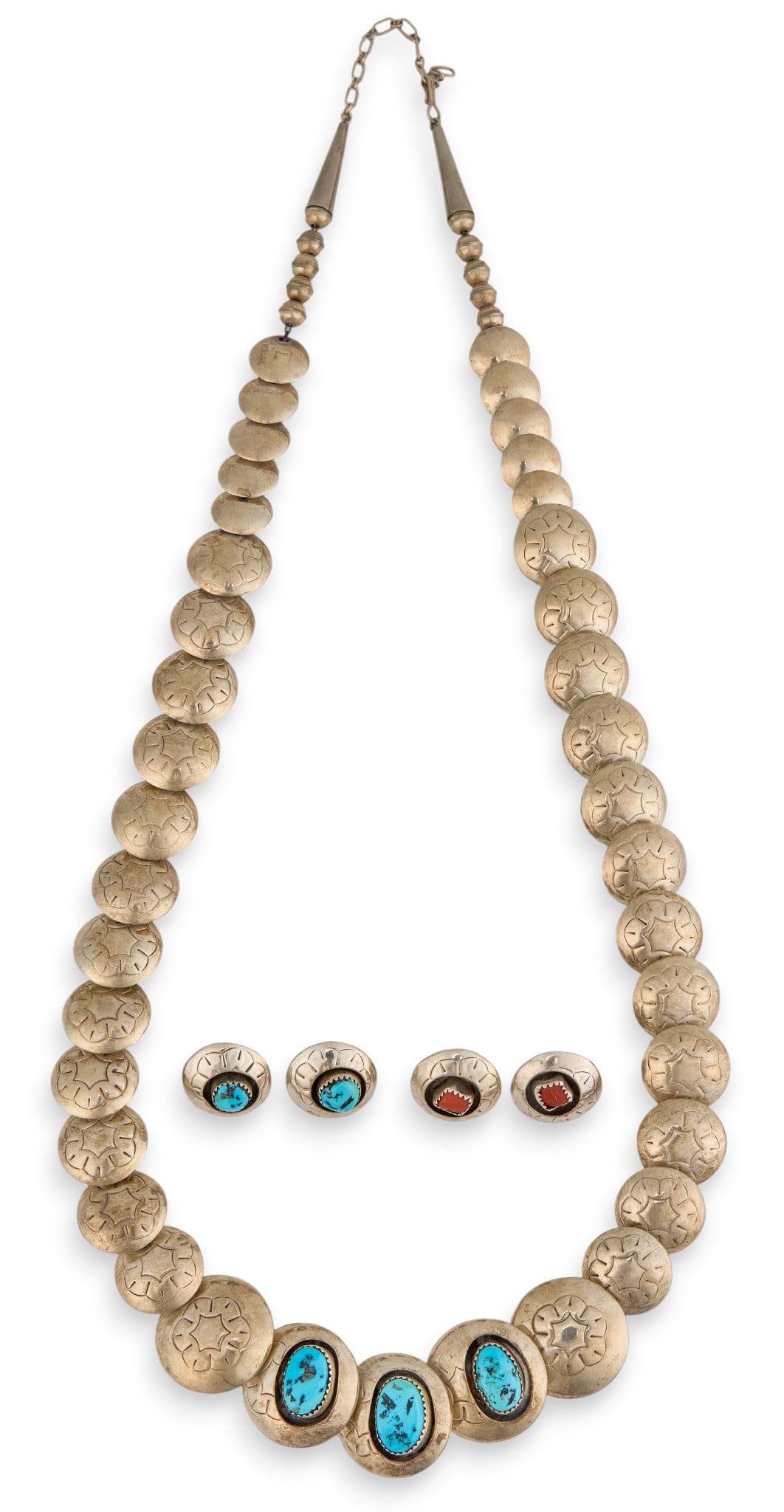Turqouise & Coral Reversible Necklace and Earrings: Reversible sterling silver beaded necklace with inlaid turquoise and coral to each side, to include two pairs of earrings to match either side of necklace Length: 28 in.Total weight: 2.755 ozt Pr