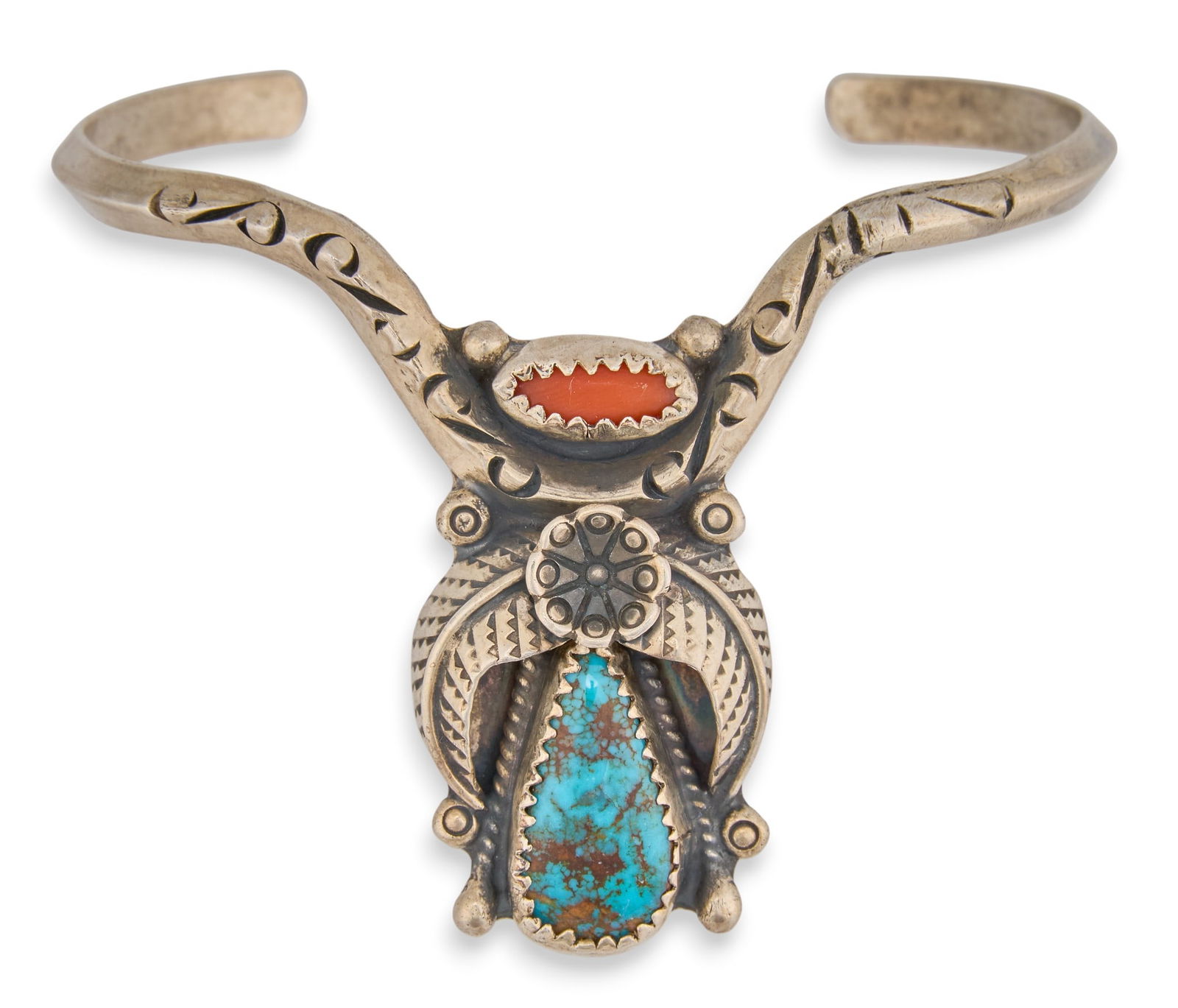 Floral Design Cuff Bracelet w/ Coral & Turquoise (1 of 4)