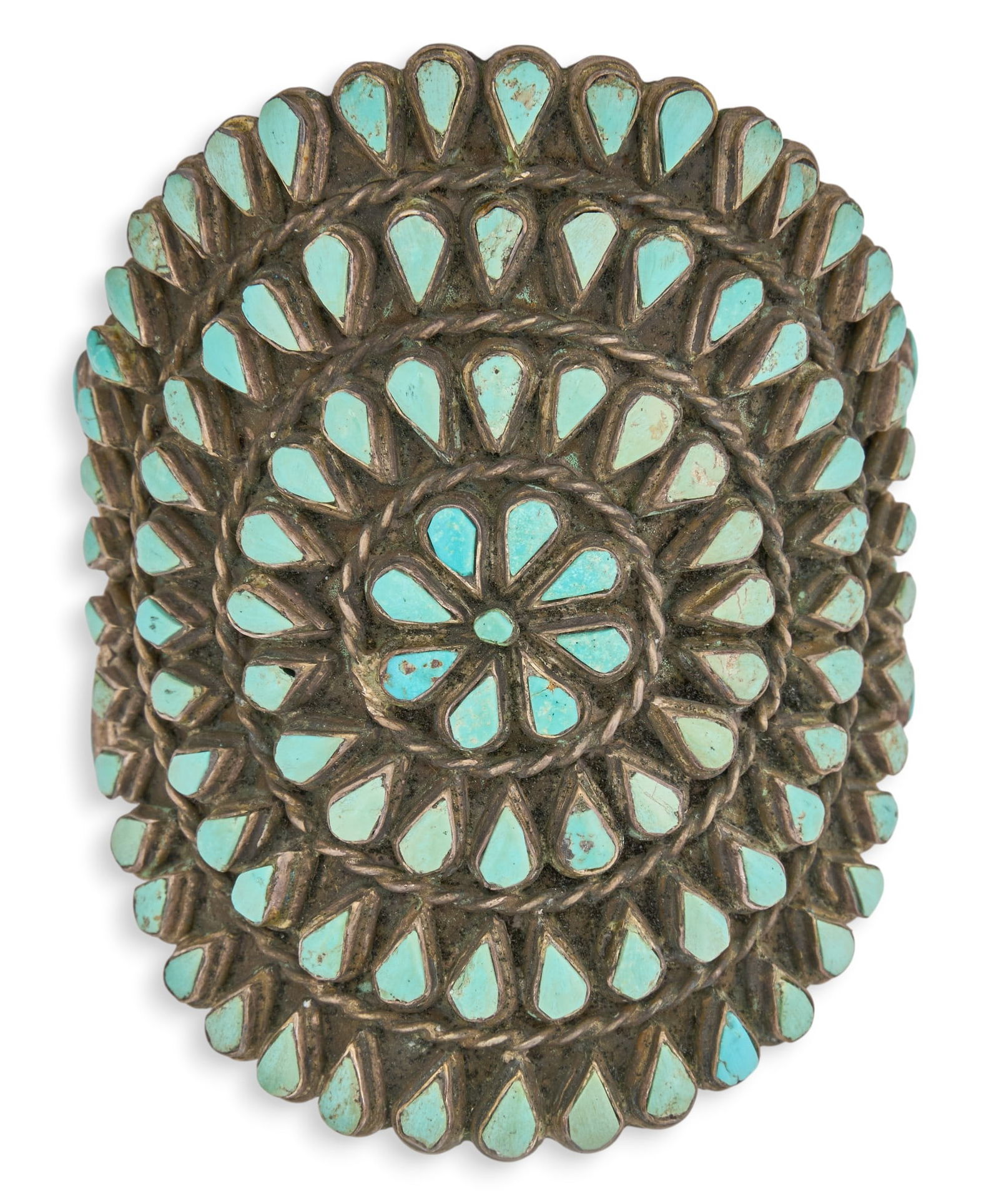 Sterling & Turquoise Petit Point Cuff: Sterling silver cuff bracelet, with inlaid cluster turquoise cabochons and twisted rope details Circumference: 7 in.Total weight: 4.425 ozt