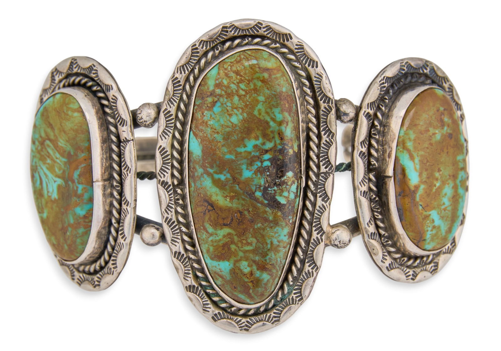 Native American Turquoise Cuff: Native American sterling silver cuff bracelet with inlaid turquoise and twisted rope details, marked "Sterling" Circumference: 7 in.Total weight: 1.84 ozt