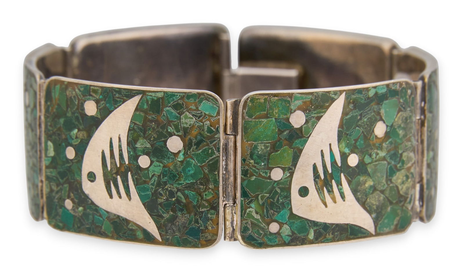Mexican Sterling & Turquoise Bracelet: Vintage Mexican sterling silver hinged bracelet, with turquoise chip inlay throughout, with safety chain, marked "925 Taxco Hecho en Mexico"Circumference: 6.75 in. Total weight: 1.385
