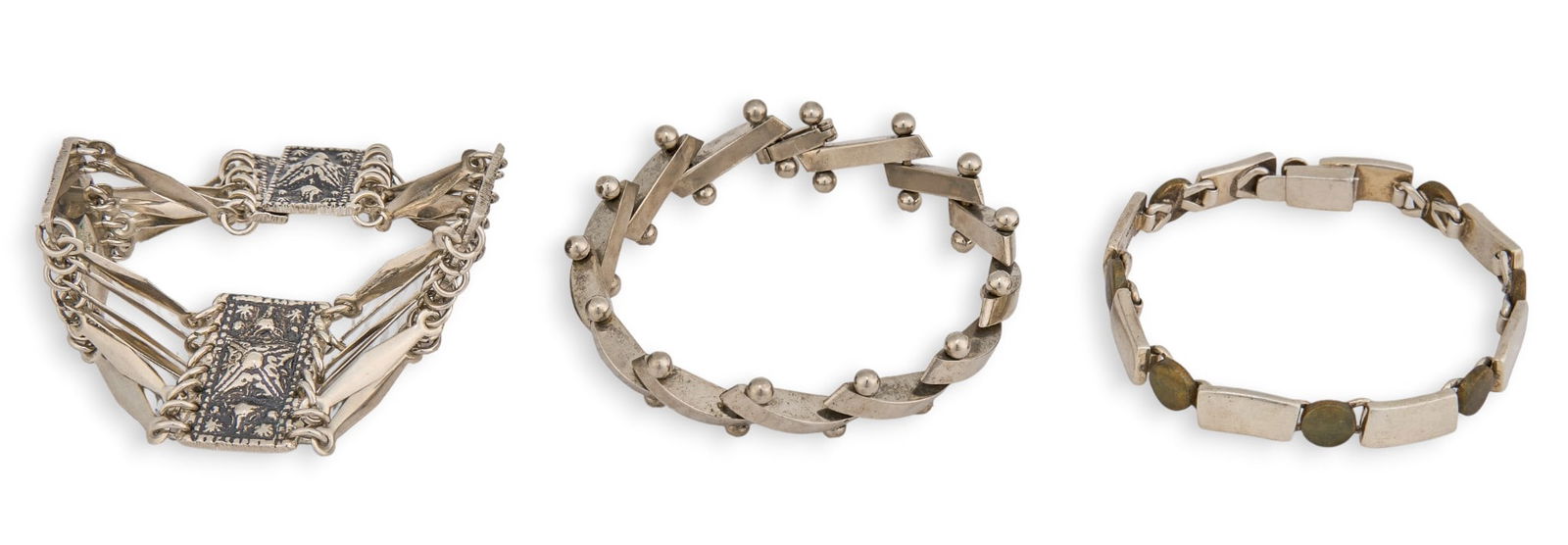 (3) Mexican Sterling Silver Bracelets: Group of three Mexican sterling silver bracelets, each marked "Mexico 925"Length: 7.5 in. / each Total weight: 3.635 oztProvenance: Property from a prominent Kerrville, Texas businessman