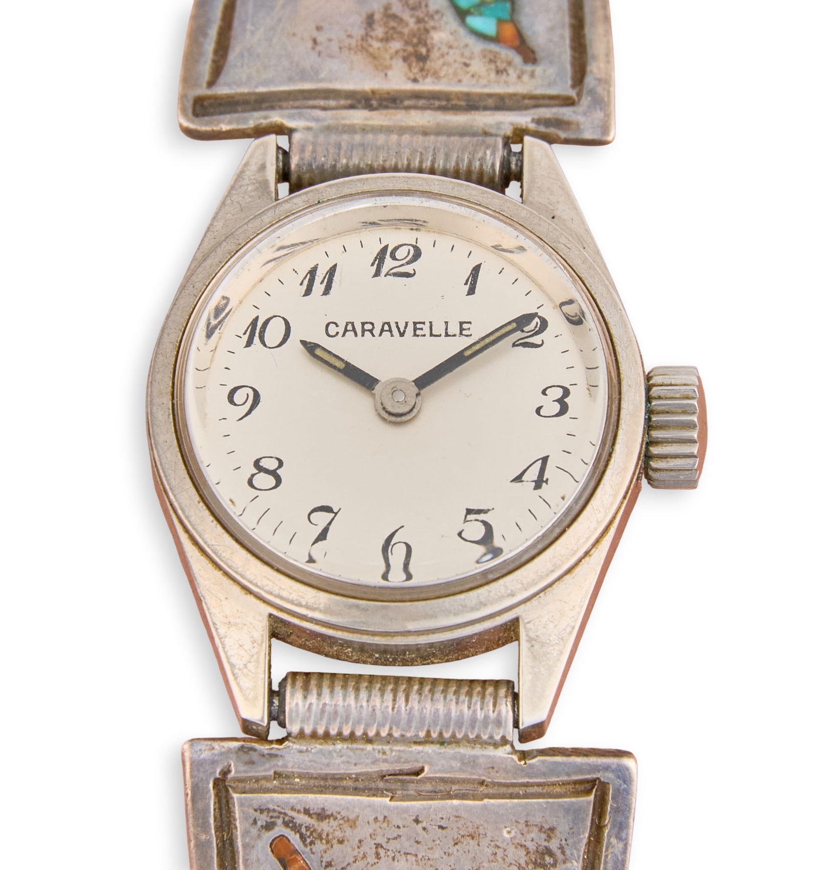 William Singer, Sterling & Chip Inlay Watch: Sterling silver wristwatch by William Singer, featuring turquoise and coral chip inlay throughout, with Caravelle dial and stainless steel bezel, marked "V" and "SD"Dial: 16