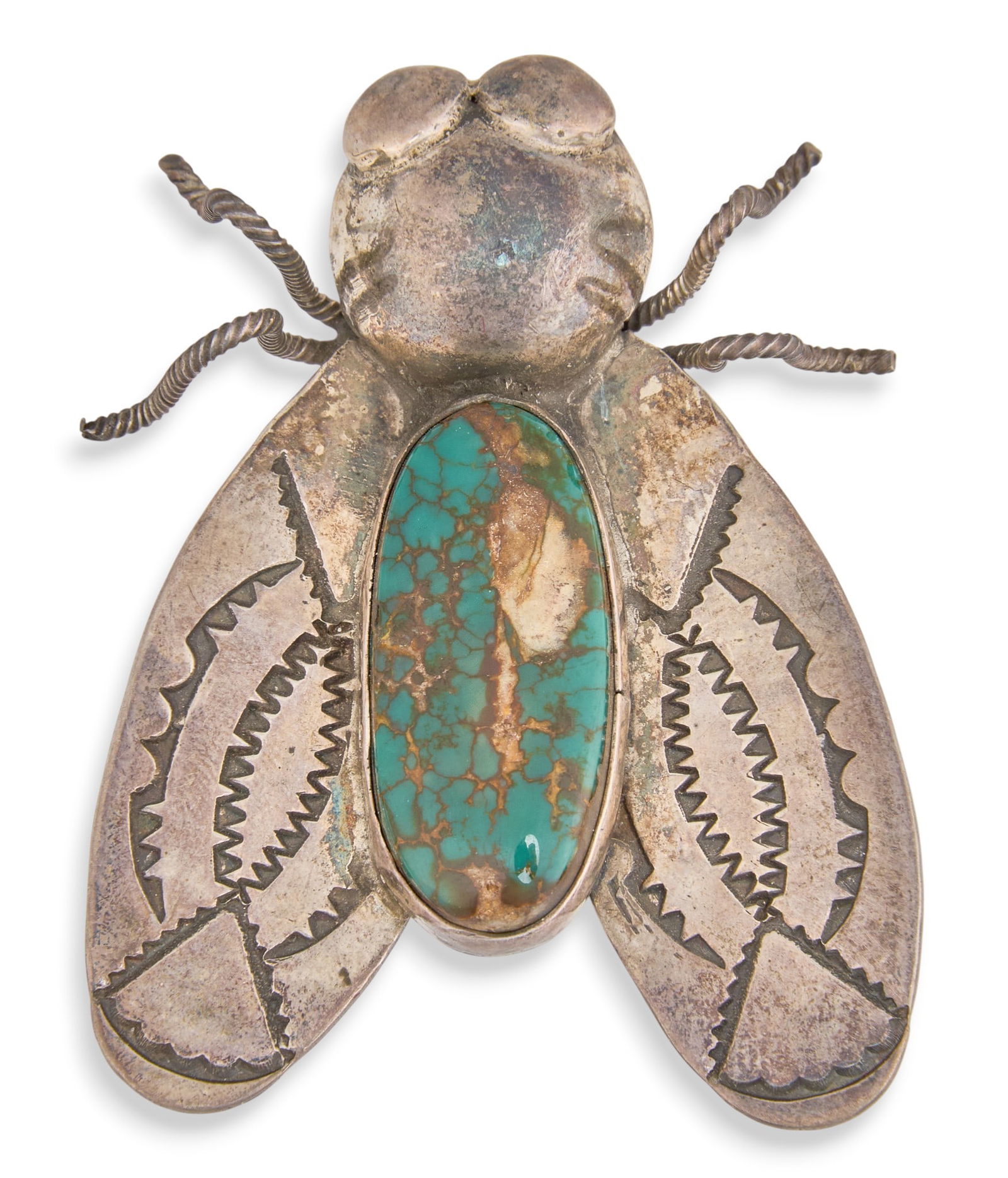 Sterling & Turquoise Moth Brooch: Sterling silver moth brooch, with central inlaid turquoise stone, marked "E" to reverse Total weight: 0.58 ozt Provenance: