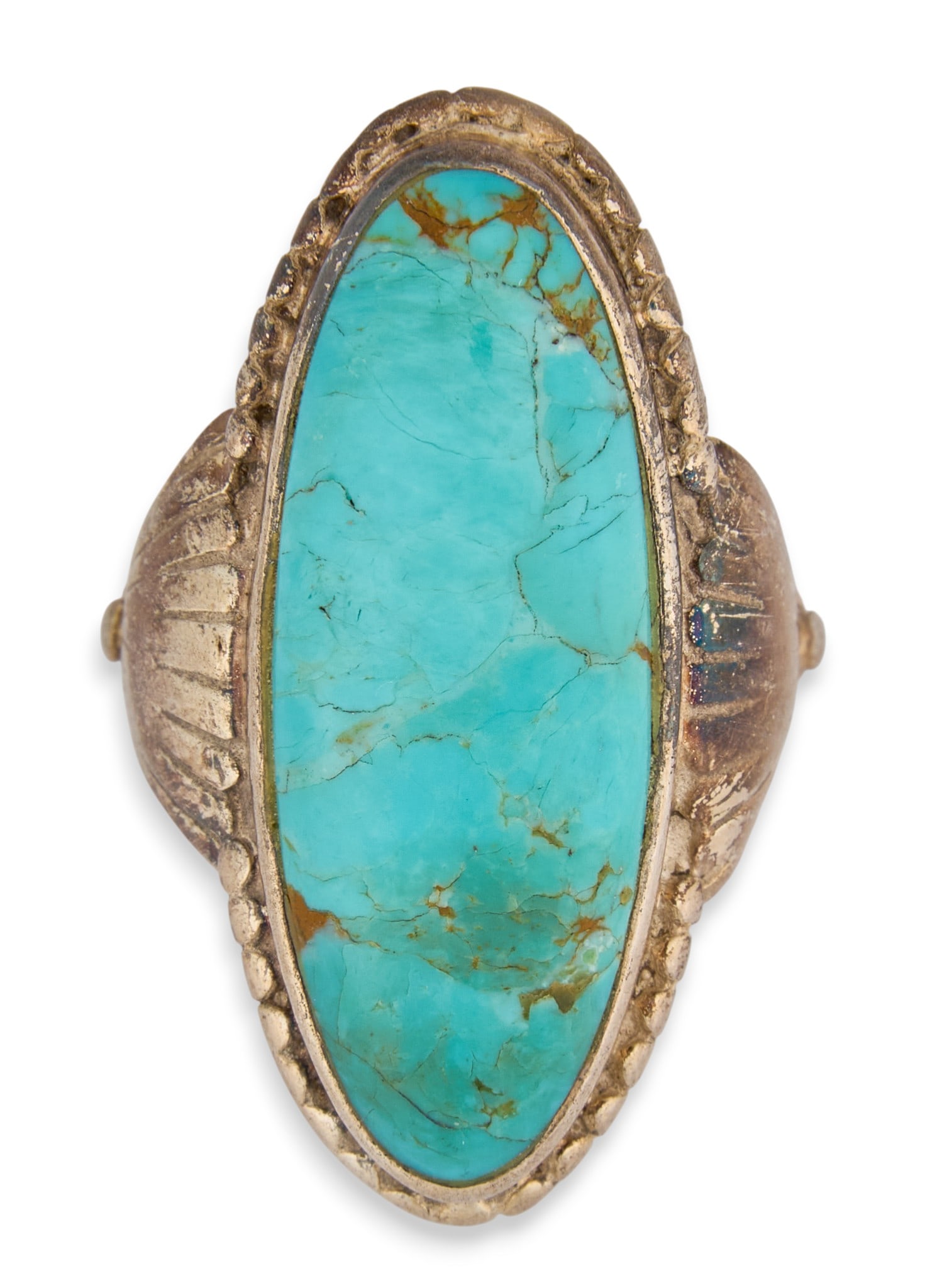 Turquoise Navajo Ring: Navajo sterling silver ring with inlaid oval-cut turquoise stone, marked "SE 925"Size: 8 Total weight: 0.32 oztProvenance: Property from the collection of a San Antonio, Texas oil and