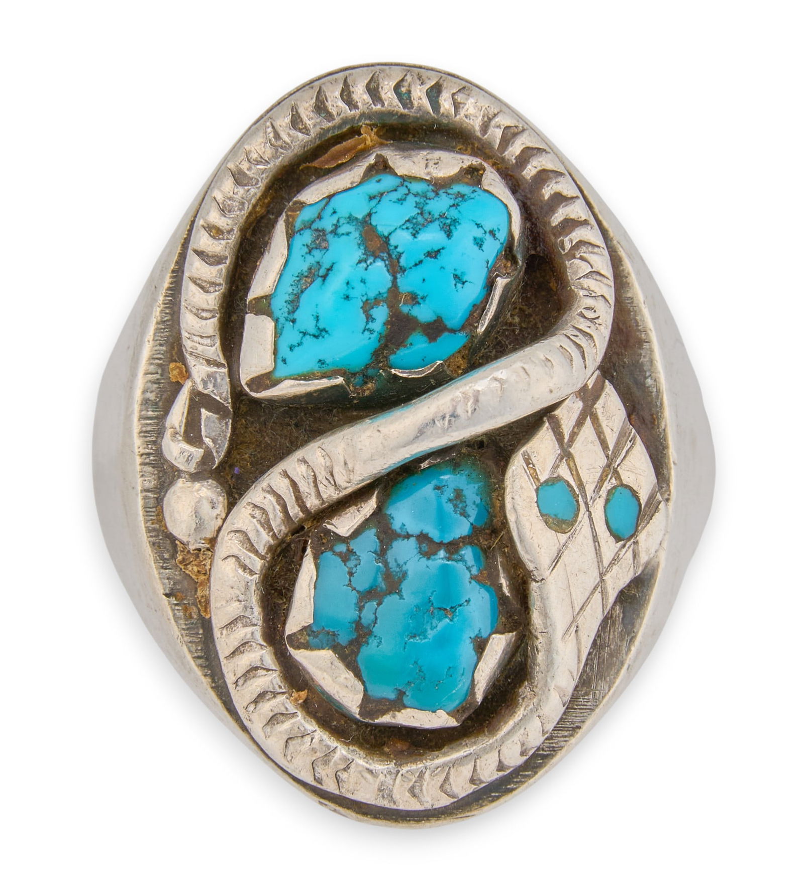 Sterling & Turquoise Snake Ring: Sterling silver ring with inlaid turquoise nuggets and snake motif, with turquoise details to eyesSize: 10 Total weight: 0.78 oztProvenance: Property from the collection of a San Antonio, Texas