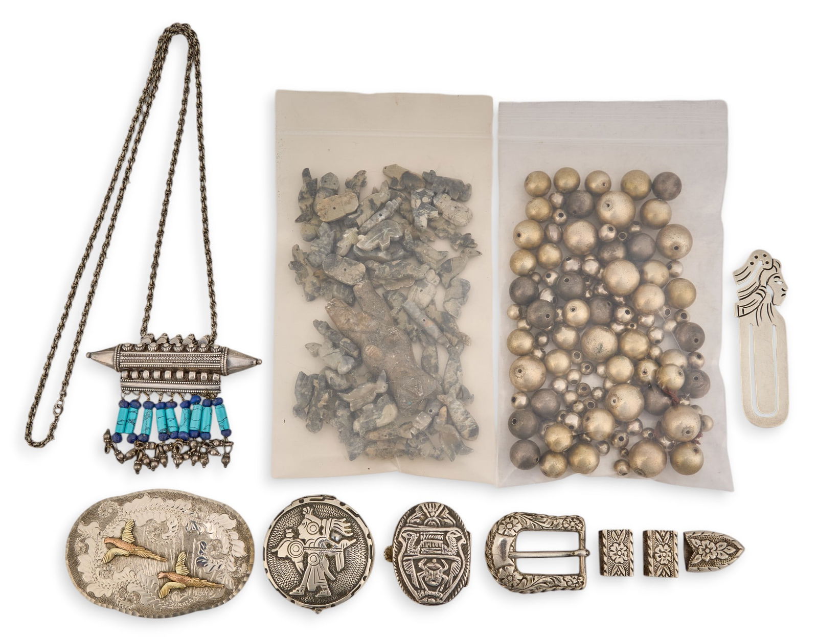 Collection of Sterling Jewelry Items: Collection of sterling silver jewelry items to include necklace, loose beads, money clip, and belt accessories Total weight: 6.5 ozt