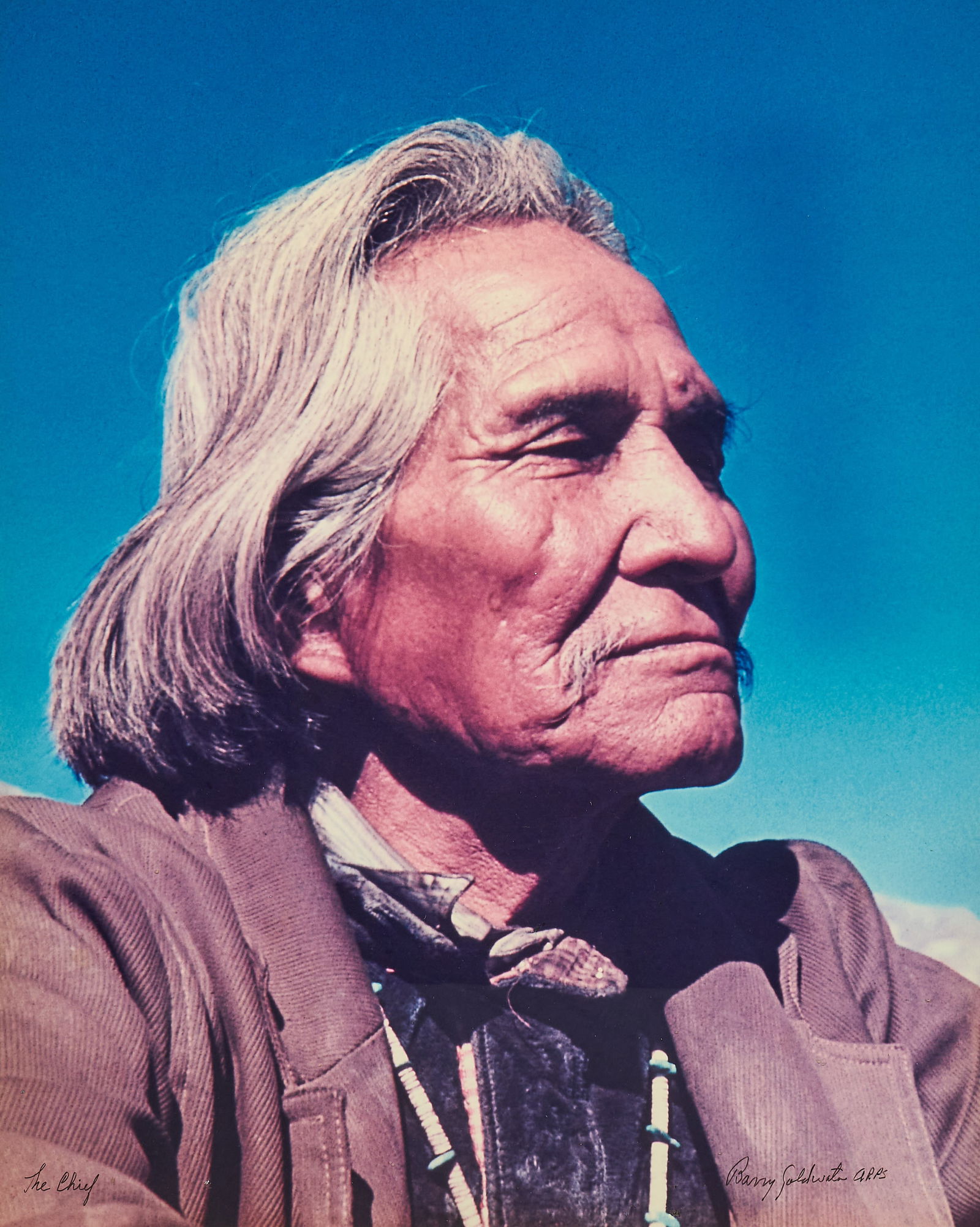 Barry Goldwater, "The Chief": Barry Goldwater (Arizona, 1909-1998), "The Chief", framed color photographic print, titled by hand lower left, hand signed lower right image: 29.5 x 23.5 in., frame: 37.5 x 31.5 in. Barry Go