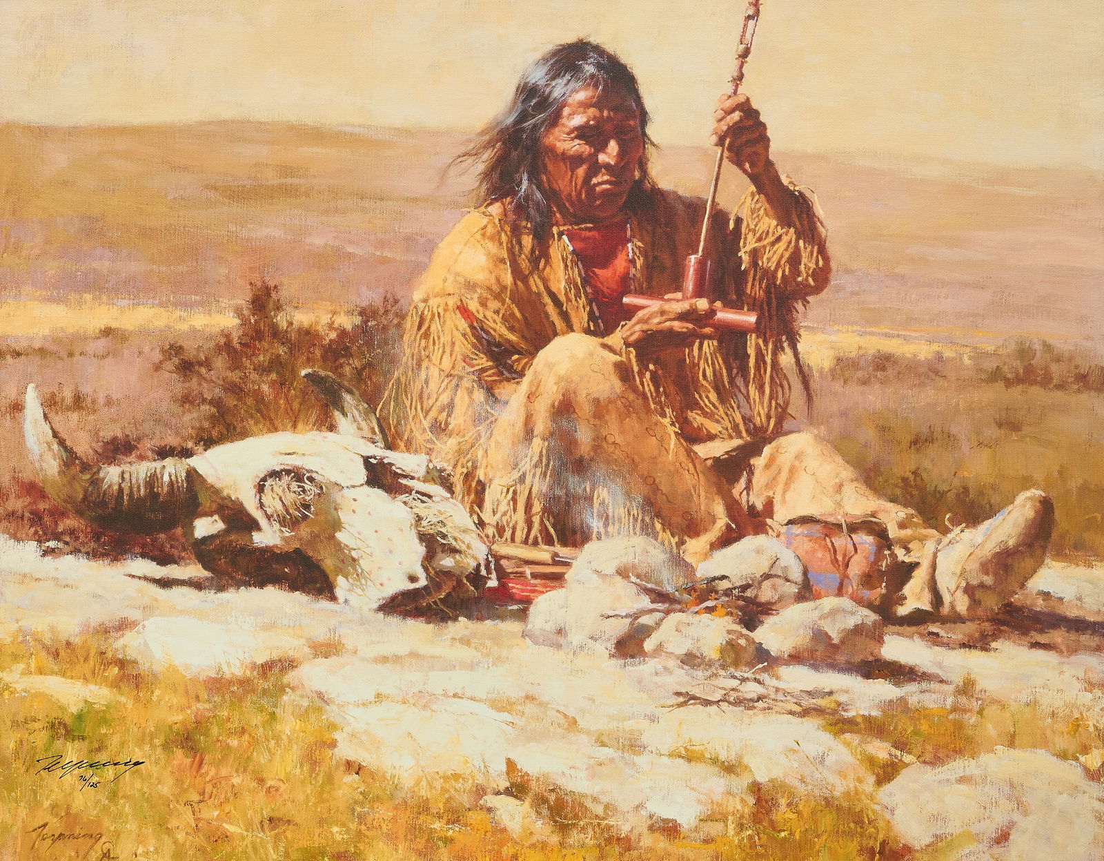 Howard Terpning, "Seeking Wisdom Through the Pipe": Howard Terpning (Arizona, b. 1927), "Seeking Wisdom Through the Pipe", giclee print on canvas, signed and numbered lower left, ed. 76/125, includes certificate of authenticity from