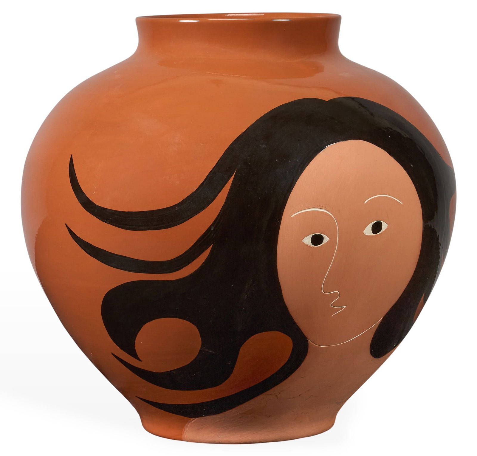 R.C. Gorman, "Pandora" Ceramic Vase: R. C. Gorman (New Mexico, 1932-2005), vase with portrait, glazed ceramic, marked to the underside with Gorman Ltd. Ed., dated 1999, titled "Pandora", signed R. C. height 18 in. x 19 in.
