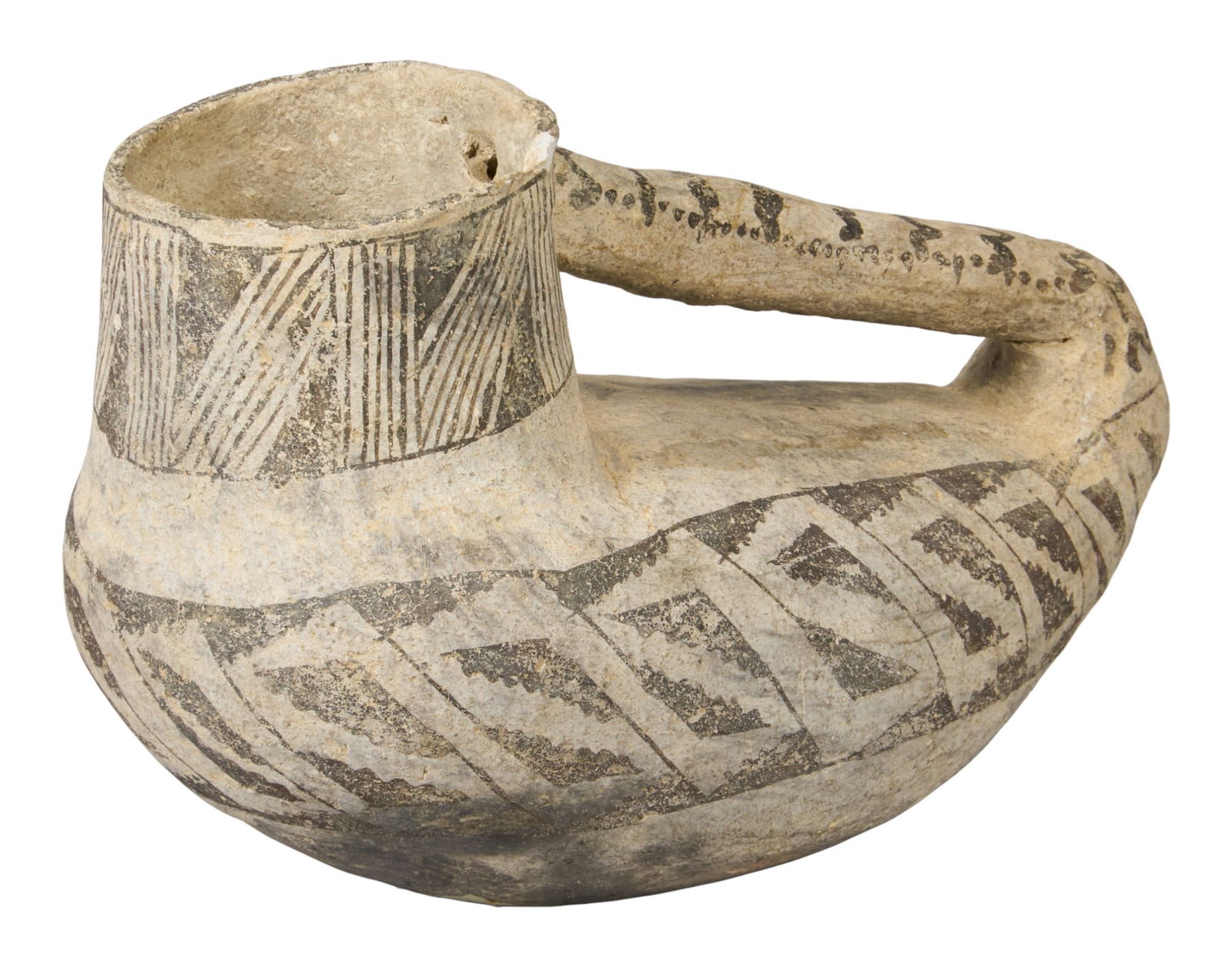 Anasazi Bird Effigy Pottery Pitcher, ca. 700-1200 AD: Anasazi bird effigy pottery pitcher, with geometric designs in black paint on a light-colored clay body, from pithouse in the Kayenta-Holbrook area of North Eastern Arizona, circa 700-1