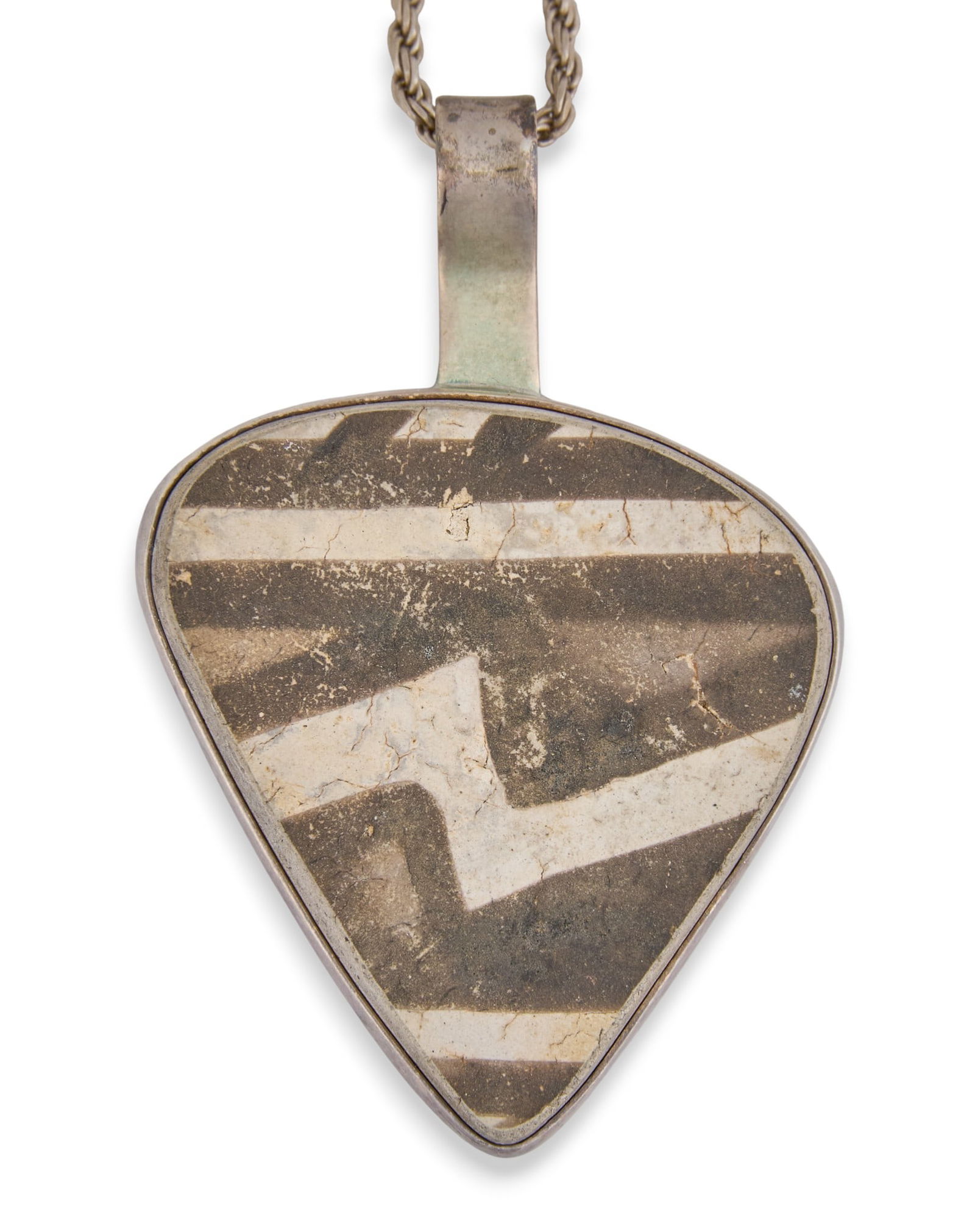 Anasazi Pottery Pendant Necklace: Native American sterling silver necklace with Anasazi pottery chip pendant, housed in sterling silver bezel, signed "Everitt" and marked "Sterling"Length: 18 in. Total weight: