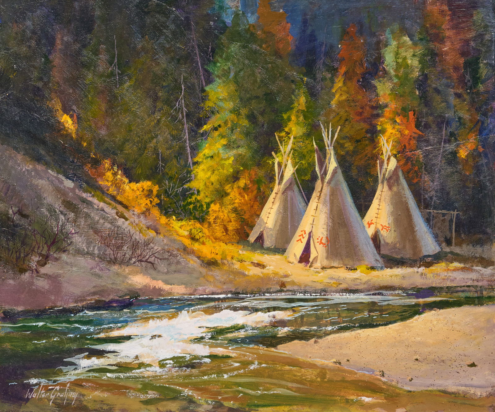 Walter Graham, "Indian Camp on Creek": Walter Graham (Washington / Illinois, 1903-2000), "Indian Camp on Creek", oil on masonite, signed lower leftsight: 20 x 24 in., frame: 30.5 x 34.5 in.Provenance: Property