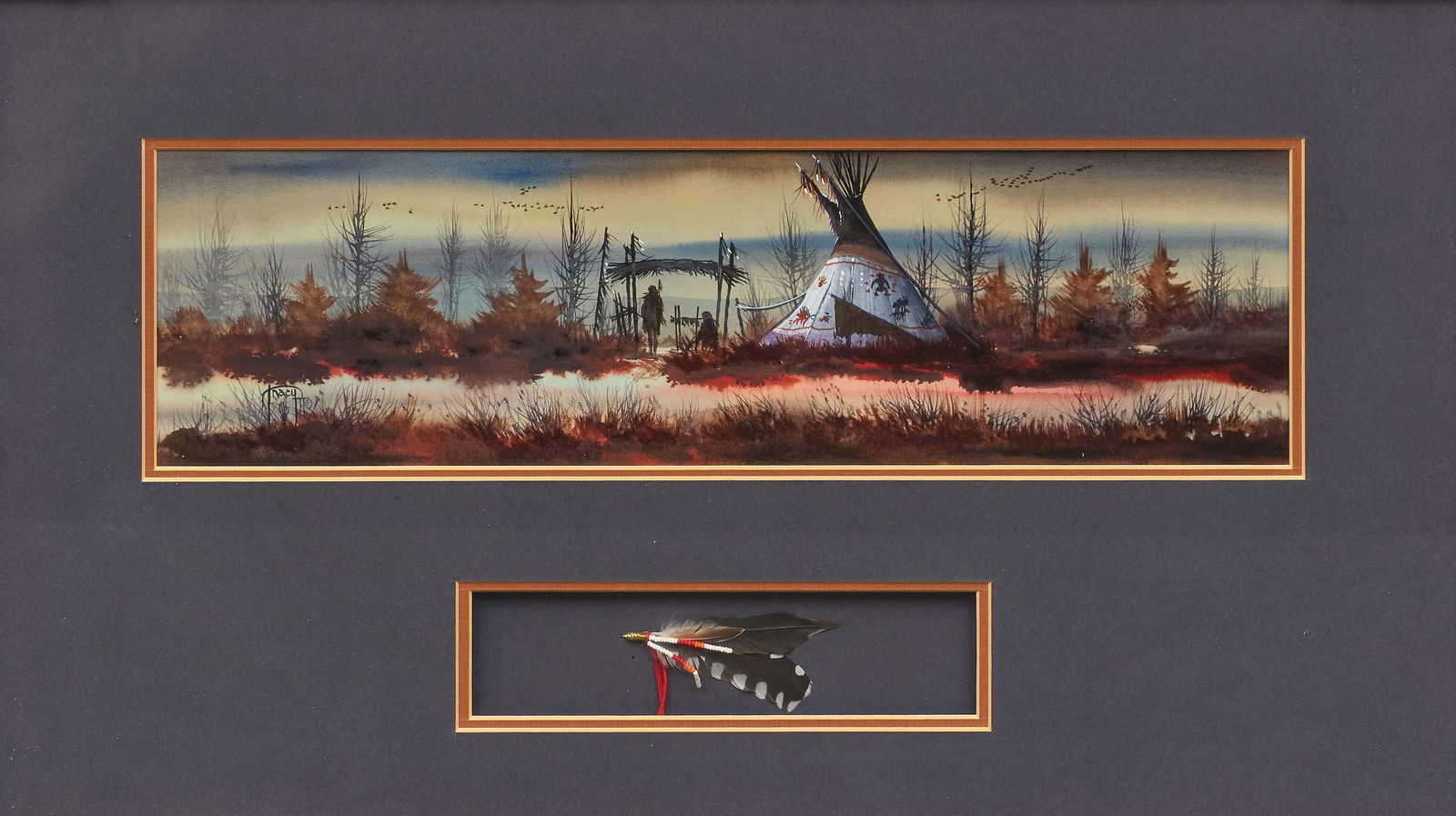 John Tracy, Teepee Painting with Feather: John Tracy II (Oklahoma, 20th-21st C.), teepee camp along a river, gouache and watercolor, custom framed and matted shadowbox with feathersight: 5 x 18 in,, frame: 16 x 26 in.Provenance: Property