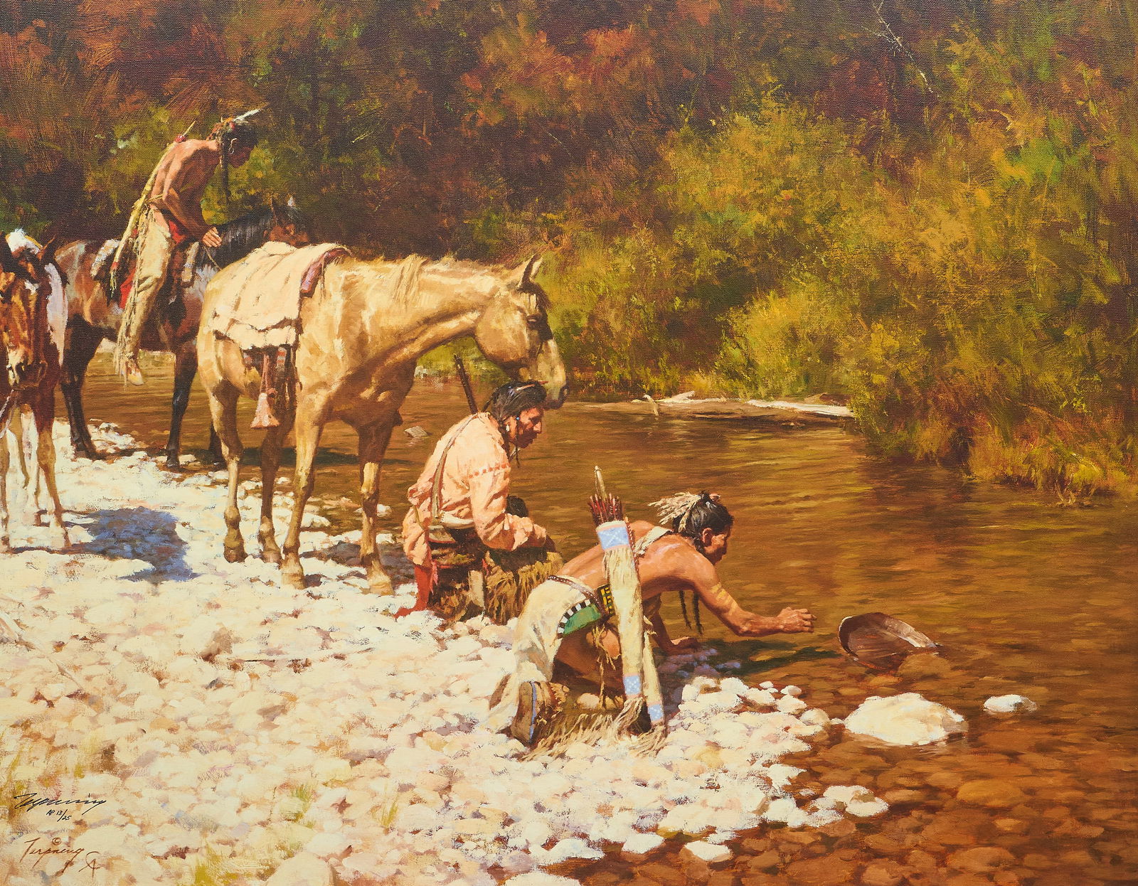 Howard Terpning, "Prospectors Among the Blackfeet": Howard Terpning (Arizona, b. 1927), "Prospectors Among the Blackfeet", giclee print on canvas, artist's proof, signed and numbered lower left, ed. AP13/25, includes