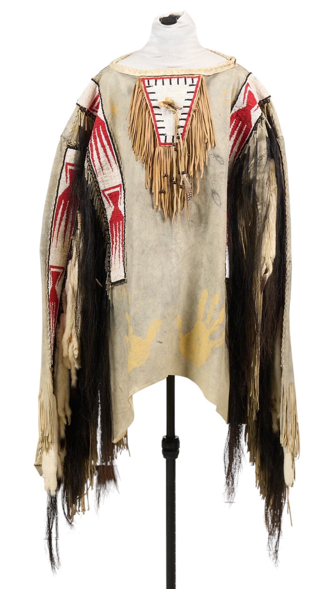 Cheri Capello, Plains Indian War Shirt: Handcrafted by Cheri Cappello (20th C., America), Plains Indians war shirt, tanned and painted hide, trade beads, horsehairheight 26 in. x width 36 in.Provenance: Originally purchased from a gallery