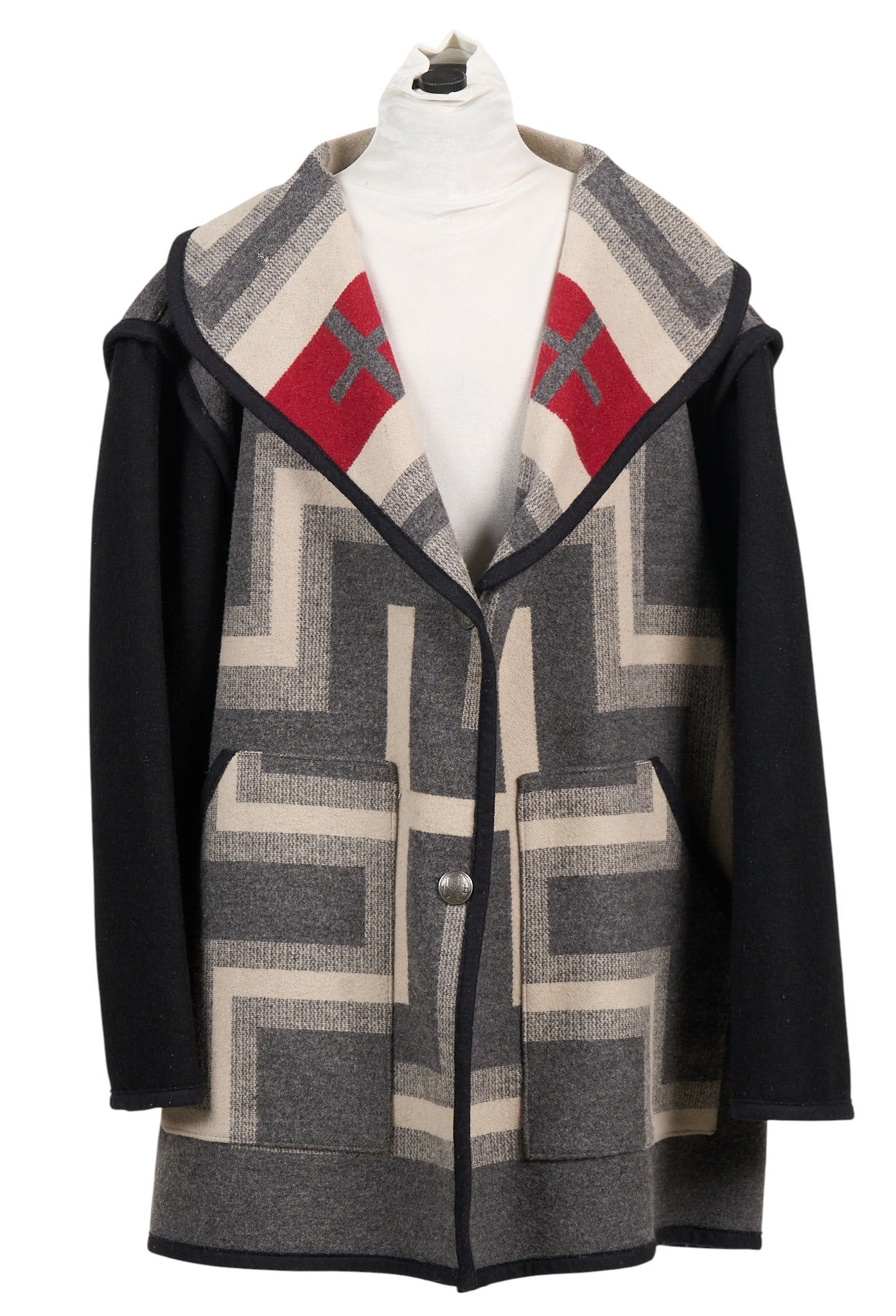 Pendleton Coat: Custom shawl collared coat, hand crafted from a Pendleton blanket, Chief Joseph and Pueblo Cross pattern, reversible, with Indian Head nickel style buttonsheight 34 in. x width 23 in.Provenance: