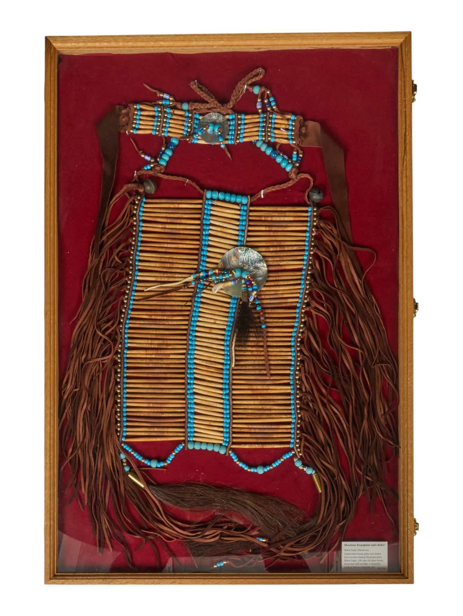 Shoshone Breast Plate and Choker: Shoshone breastplate and choker by Black Eagle (Nevada, 20th-21st C.), an award-winning Shoshone artist; materials used include 100 year-old glass beads, horse hair, and rawhide, all in oak and